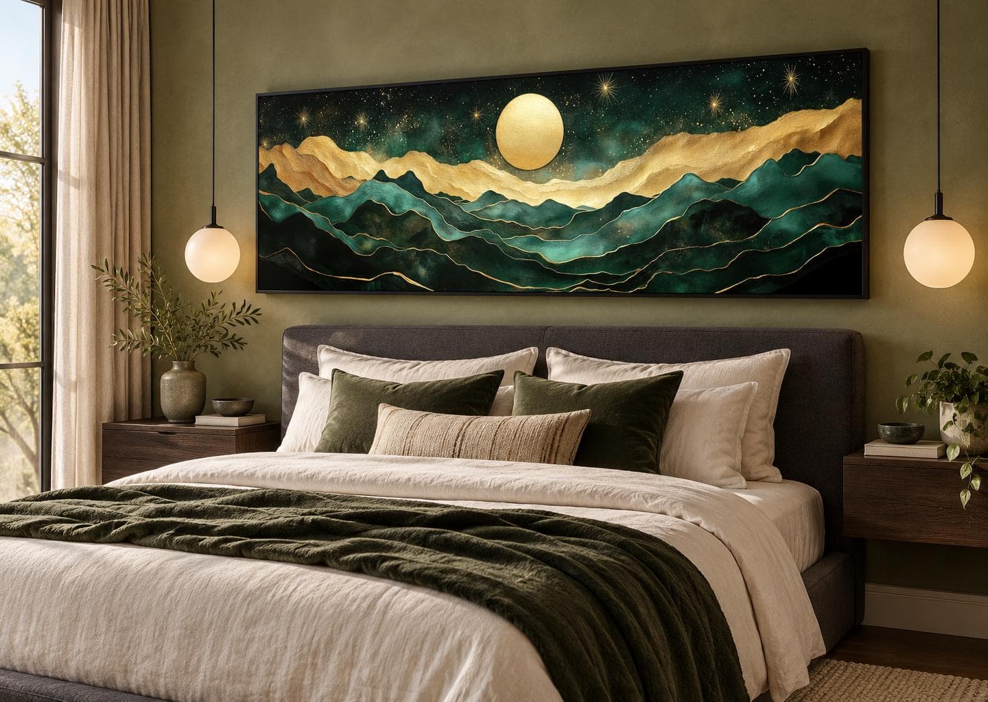 Emerald Green Gold Mountain And Moon Wall Art Canvas Print, Long Horizontal Emerald Landscape, Luxury Celestial Living Room Decor - image 4