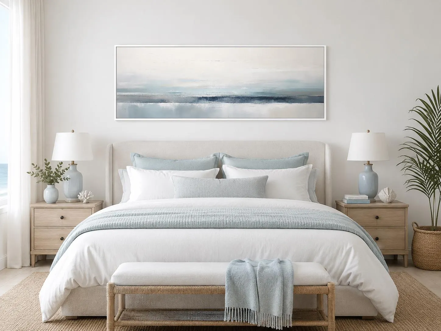 Over Bed Coastal Wall Art - Blue Gray Calm Watercolor Long Horizontal Painting Canvas Print  Minimalist Abstract Framed Ready To Hang - image 4