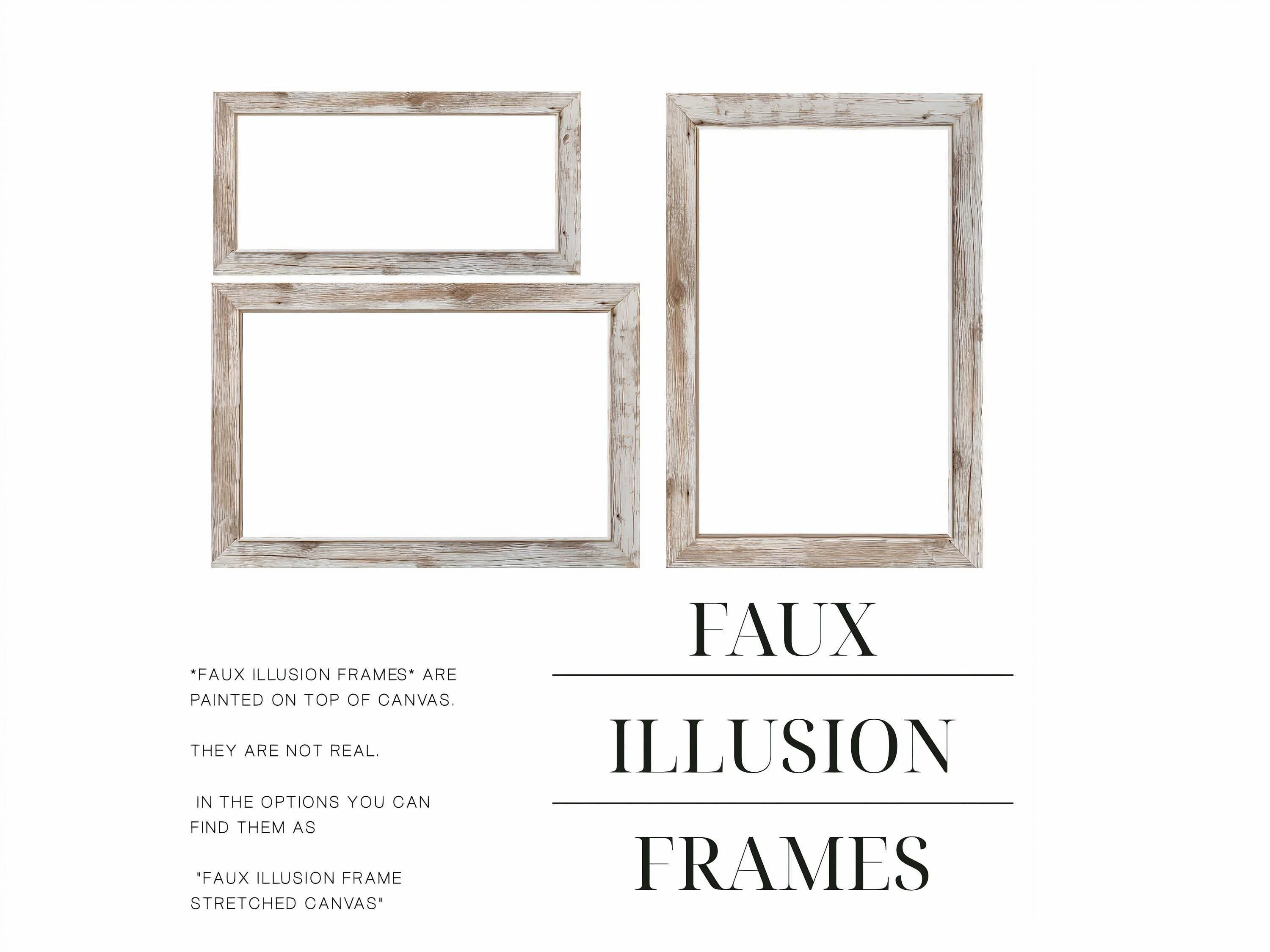 three different types of faux illusion frames, each with a unique design and color. The frames are painted on top of canvas and are not real, as they are described as "FAUX ILLUSION FRAMES".