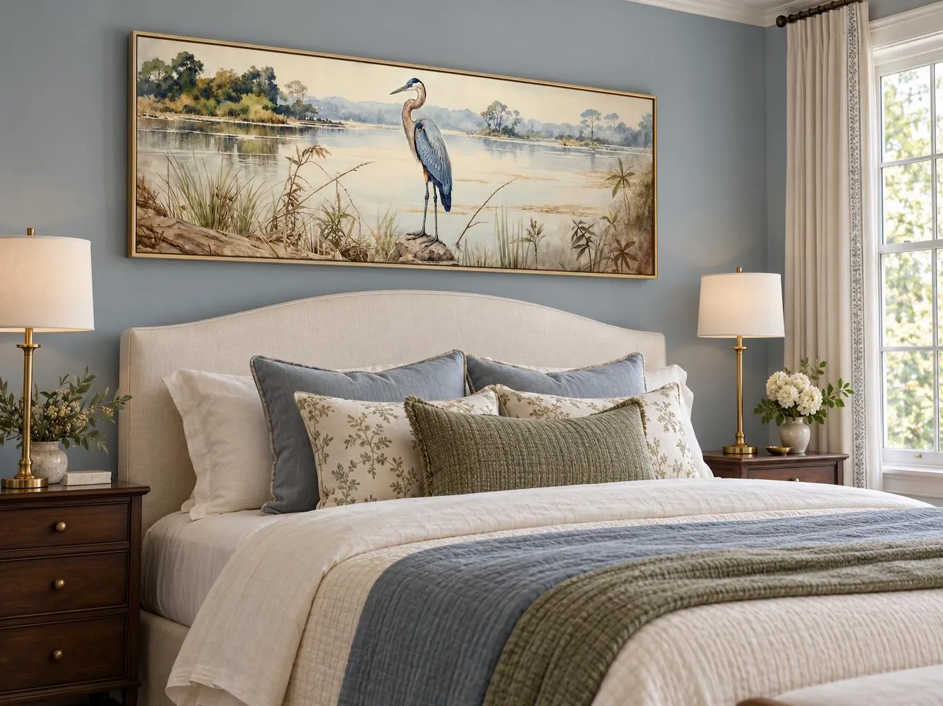 Blue Heron by the Lake Wall Art – Long Horizontal Nature Canvas Print, Serene Bird Landscape Artwork for Coastal Living Room Decor - image 4