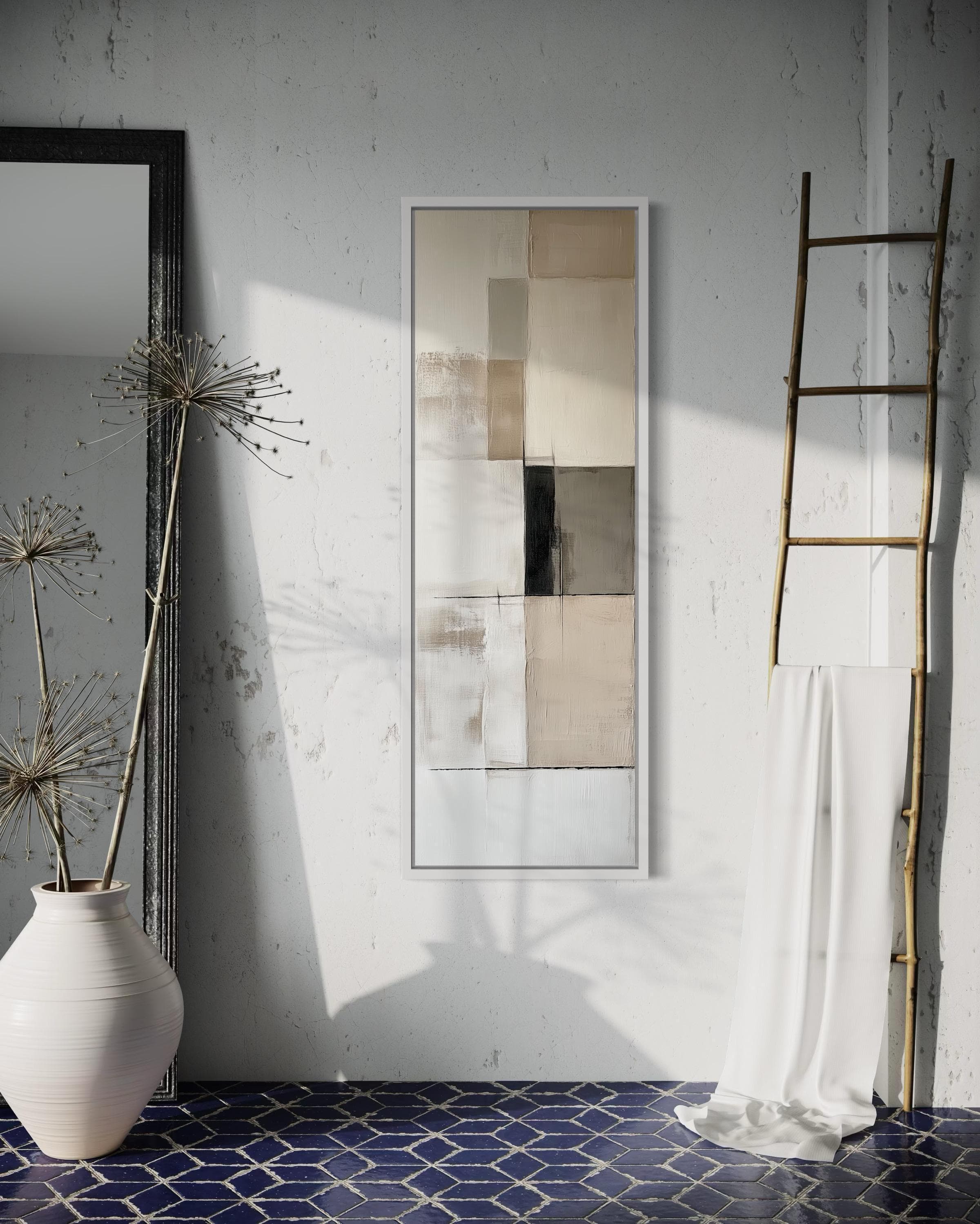 a minimalist interior design with a large abstract painting hanging on the wall, a white vase with a plant, and a wooden ladder leaning against the wall.