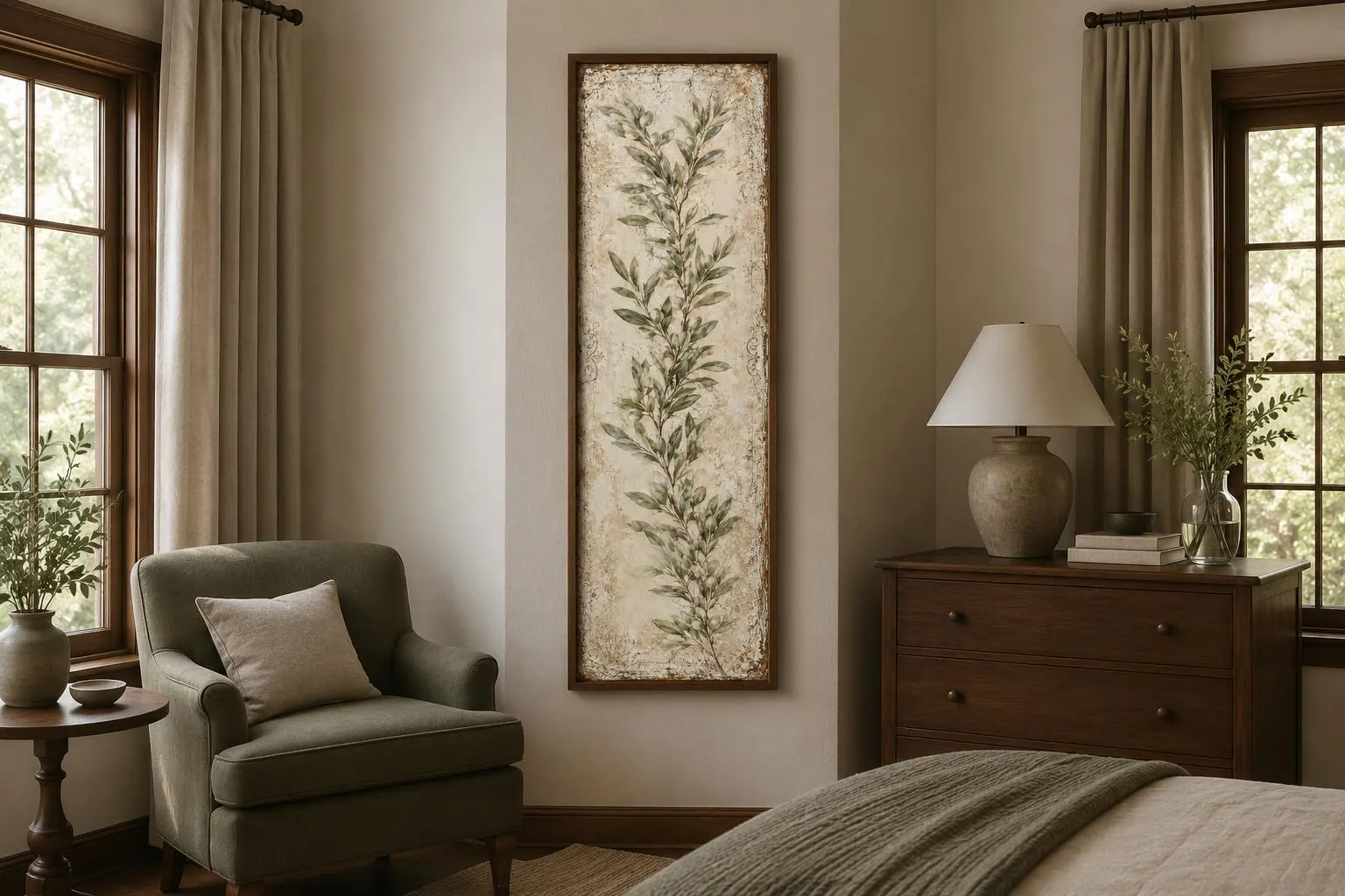 A Tall Olive Branch With Sage Green Leaves On Aged Cream Background Wall Art, Tuscan Farmhouse Botanical Decor, Tall Vertical Canvas Print - image 5