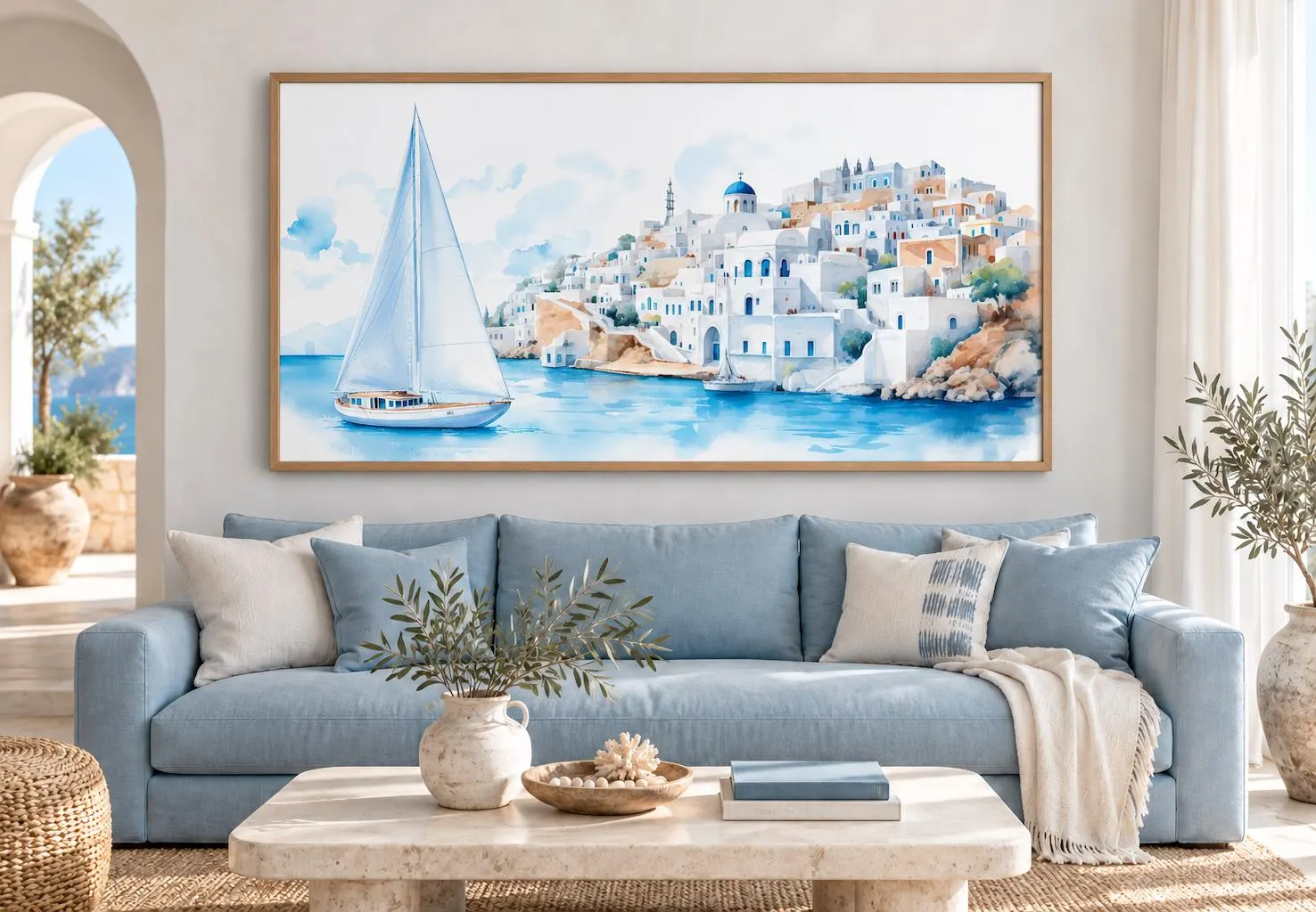 Santorini Sea and Sailboat Painting Canvas PRINT, Coastal Wall Art, Greek Architecture Landscape, Mediterranean  Artwork Ready To Hang