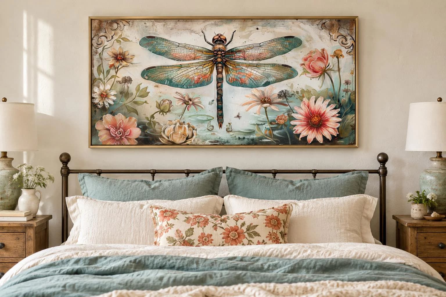 Dragonfly With Flowers Painting Canvas PRINT, Rustic Insect Art, Farmhouse or Cabin Vintage Wall Decor Framed Ready To Hang