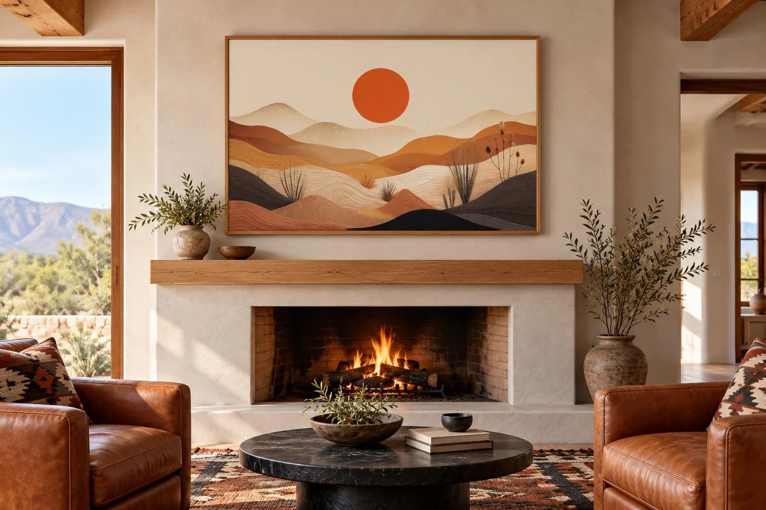 Boho Arizona Desert Landscape, Southwestern Decor, Minimalist Earth Tones Neutral Painting Canvas Print - Framed Ready To Hang