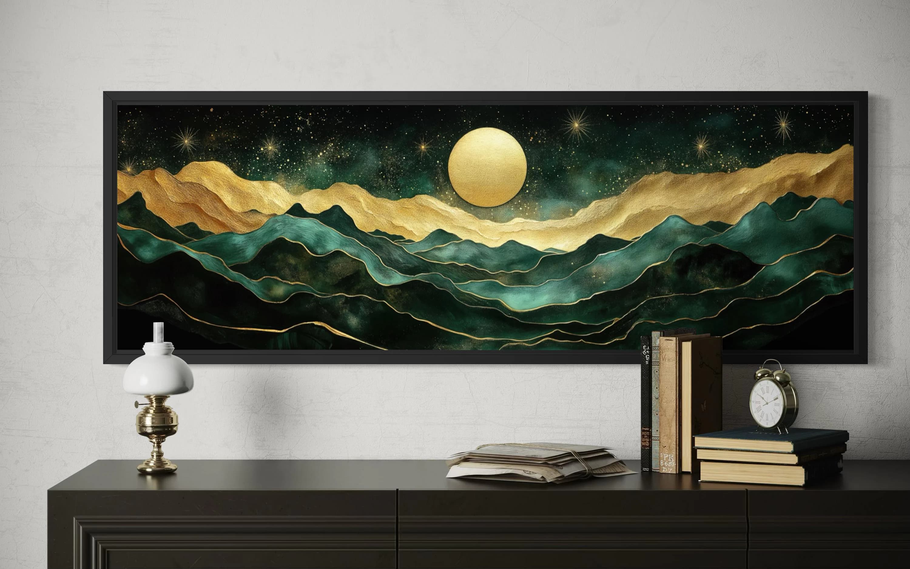 Emerald Green Gold Mountain And Moon Wall Art Canvas Print, Long Horizontal Emerald Landscape, Luxury Celestial Living Room Decor - image 5