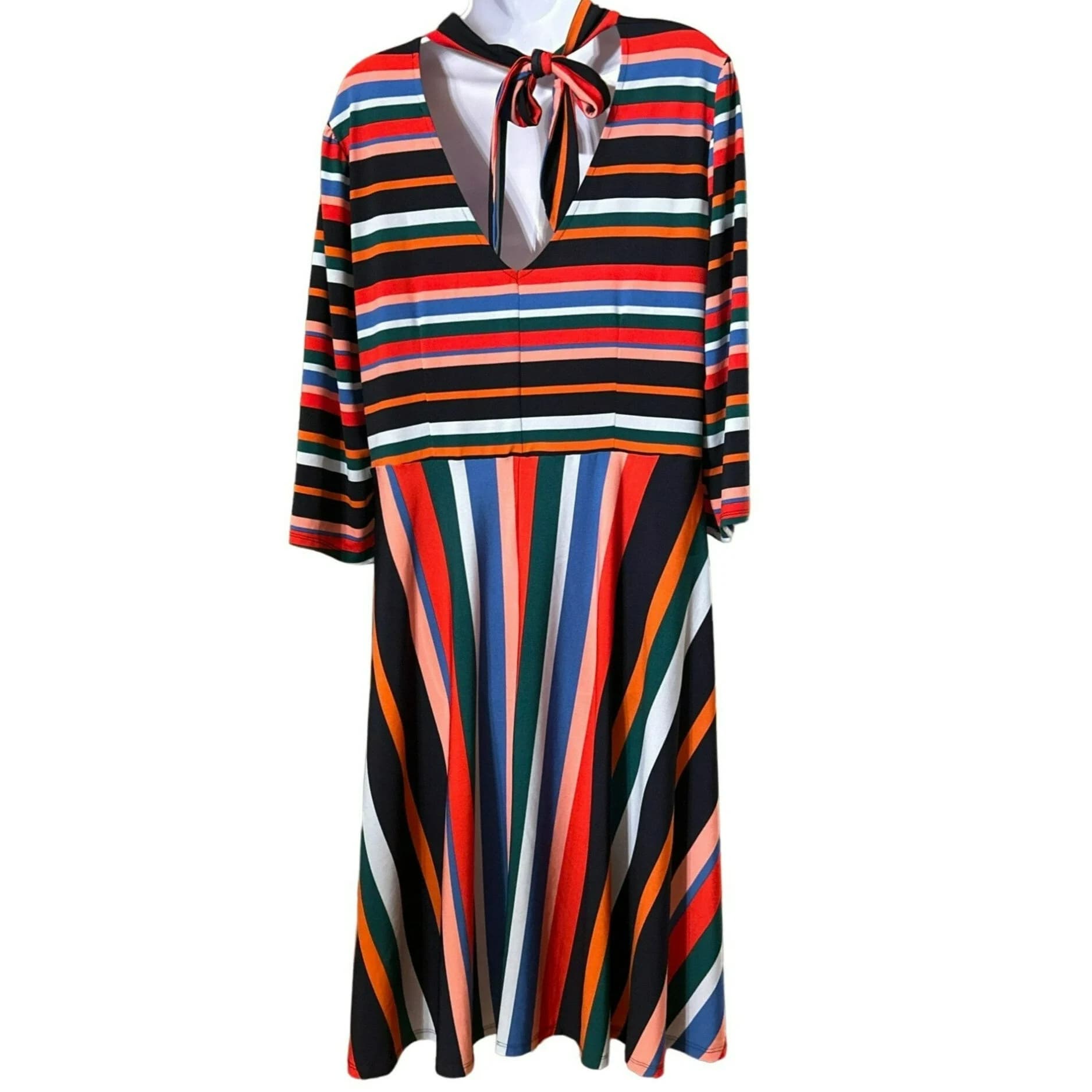 Eloquii Women's Striped Print Fit and Flare A-Line Dress Size 16 Back Bow Stretch Long Sleeve - image 3