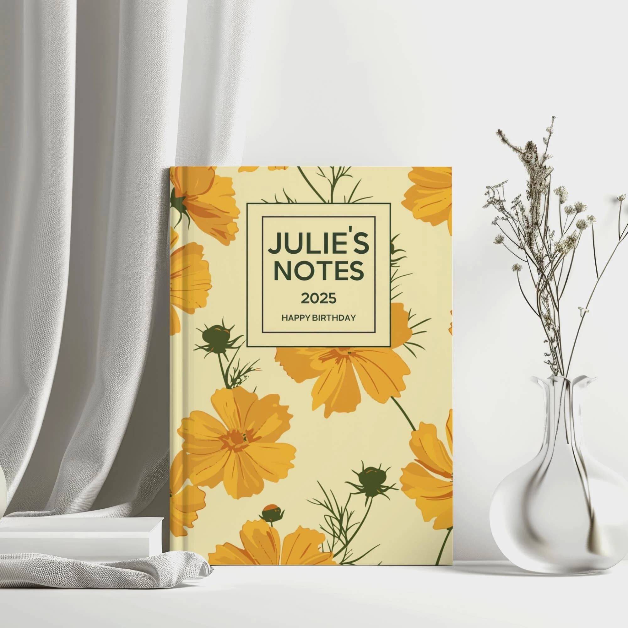 Personalized October Birth Month Flower Notebook, Cosmos Pattern, Watercolor Flower Journal, Custom Name, Birthday Gift