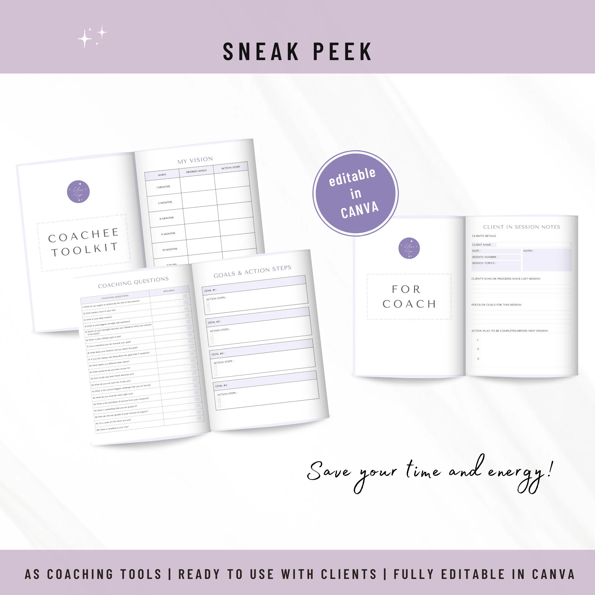 Coaching Session Worksheets Coaching Worksheet Canva Templates for Coach Toolkit Client Session Coaching Tools purple version - image 5