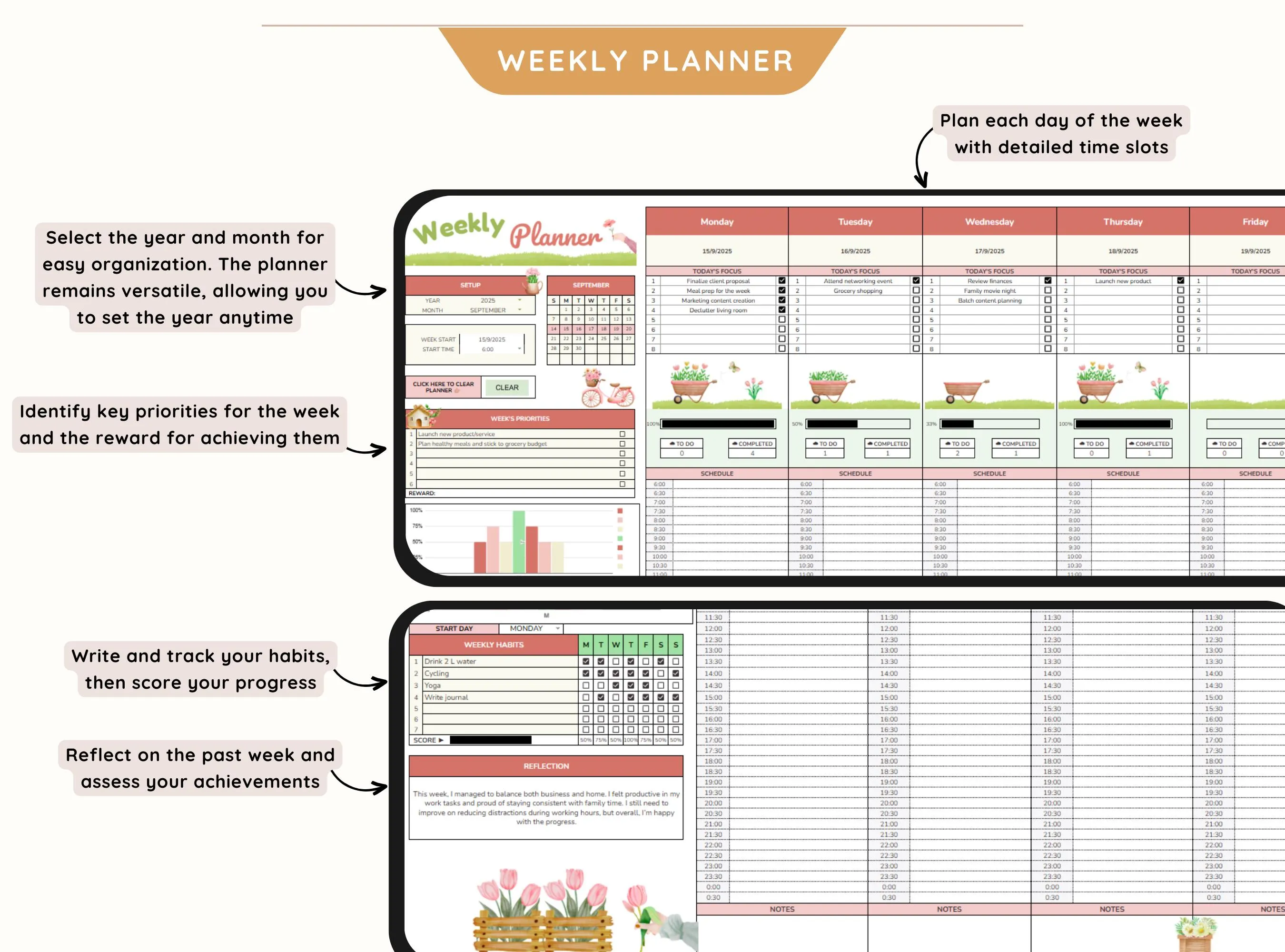 ADHD Minimalistic Daily Planner, Time Blocking Planner, Habit Tracker Spreadsheet, Google Sheet Task Manager, To Do List Spreadsheet - image 5