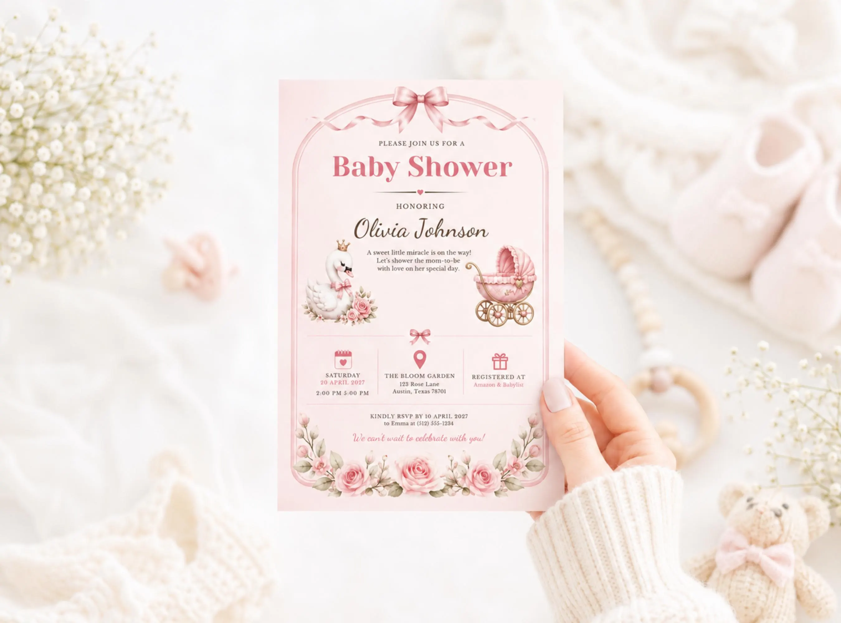 Swan Baby Shower Invitation Template, Pink Baby Shower Invite, Printable Invite, Editable Canva Template, Digital Download - image 5