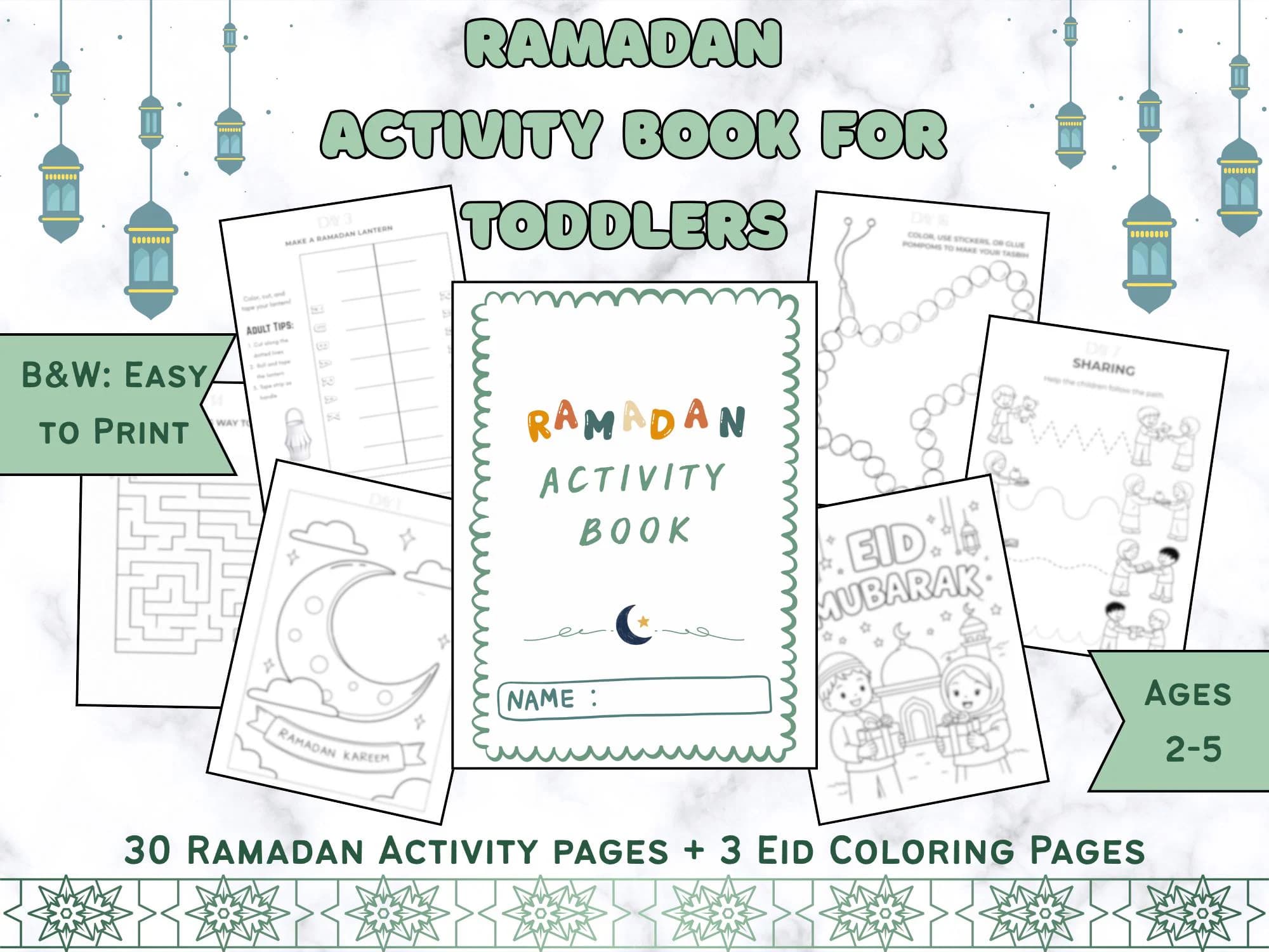 Ramadan Activity Book for Toddlers | 30 Ramadan Activities + 3 Eid Coloring Pages | Ages 2–5 | DIGITAL DOWNLOAD