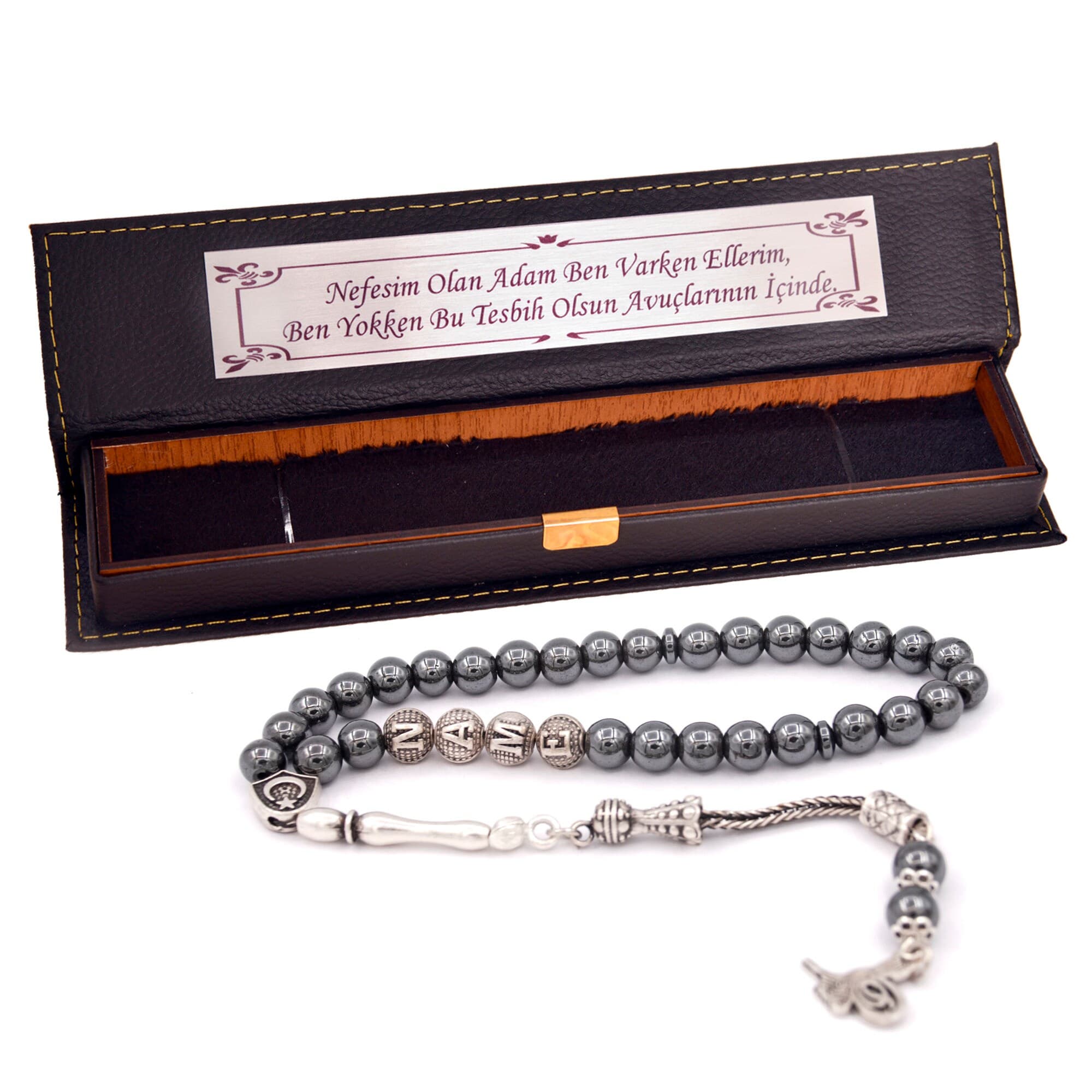 Personalized Hematite Stone Tesbih Prayer Beads – Handcrafted with Name Option (Gift Box)