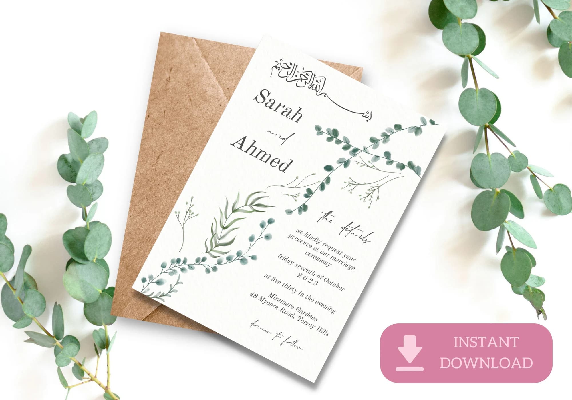Greenery Nikah Invitation, Muslim Walima Invite, Watercolor (Digital Download) LUSH - image 2