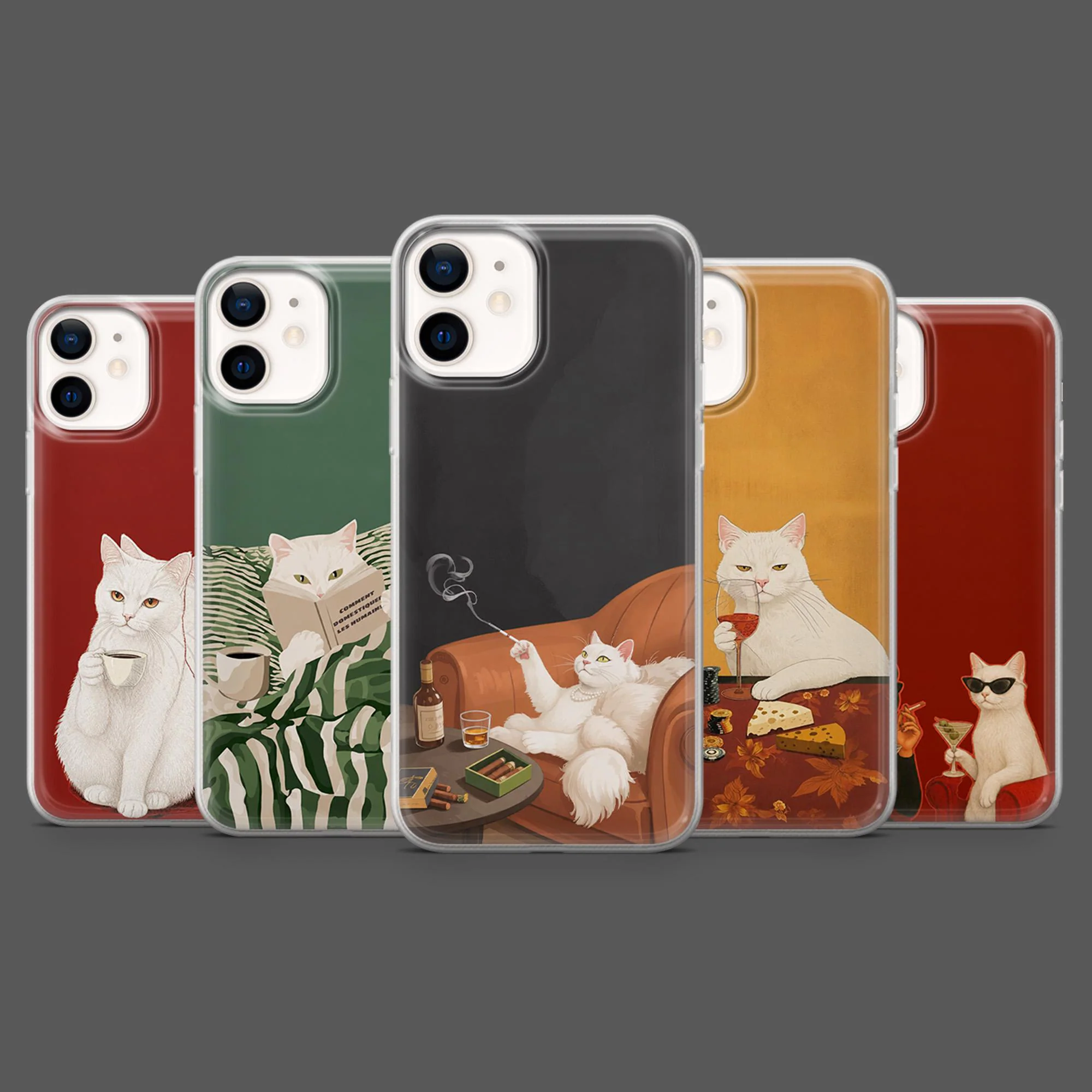 White Cat Phone Case Old Money Smoking Cat Painting for iPhone 18Pro, 17, 16, 15, 14, 13, Samsung S26, S25, S24, S23,A17,A57,A37 Pixel 11,10