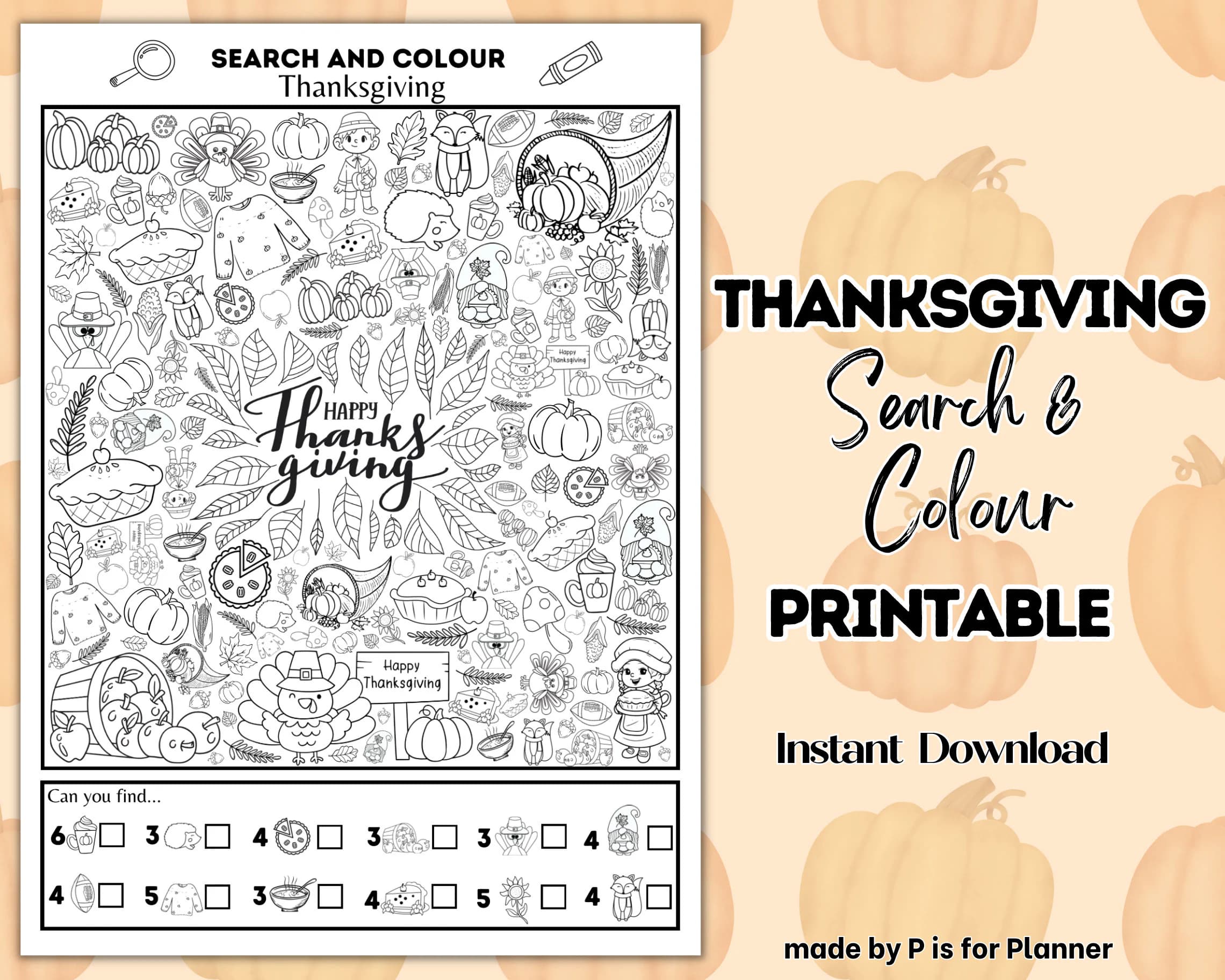Thanksgiving Search and Colour Printable, Fall Colouring Page, I Spy Game, Printable Thanksgiving Activity