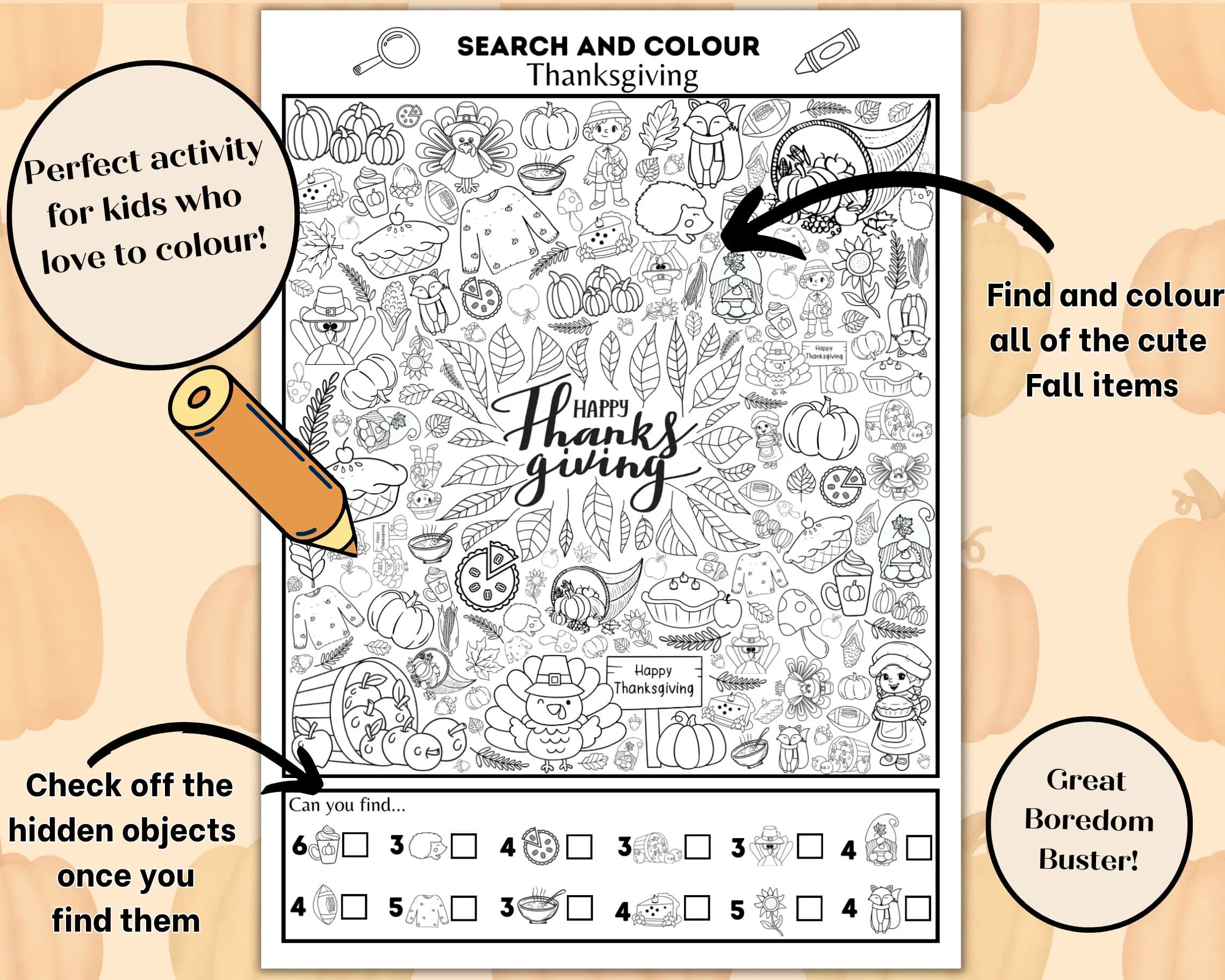 Thanksgiving Search and Colour Printable, Fall Colouring Page, I Spy Game, Printable Thanksgiving Activity - image 4