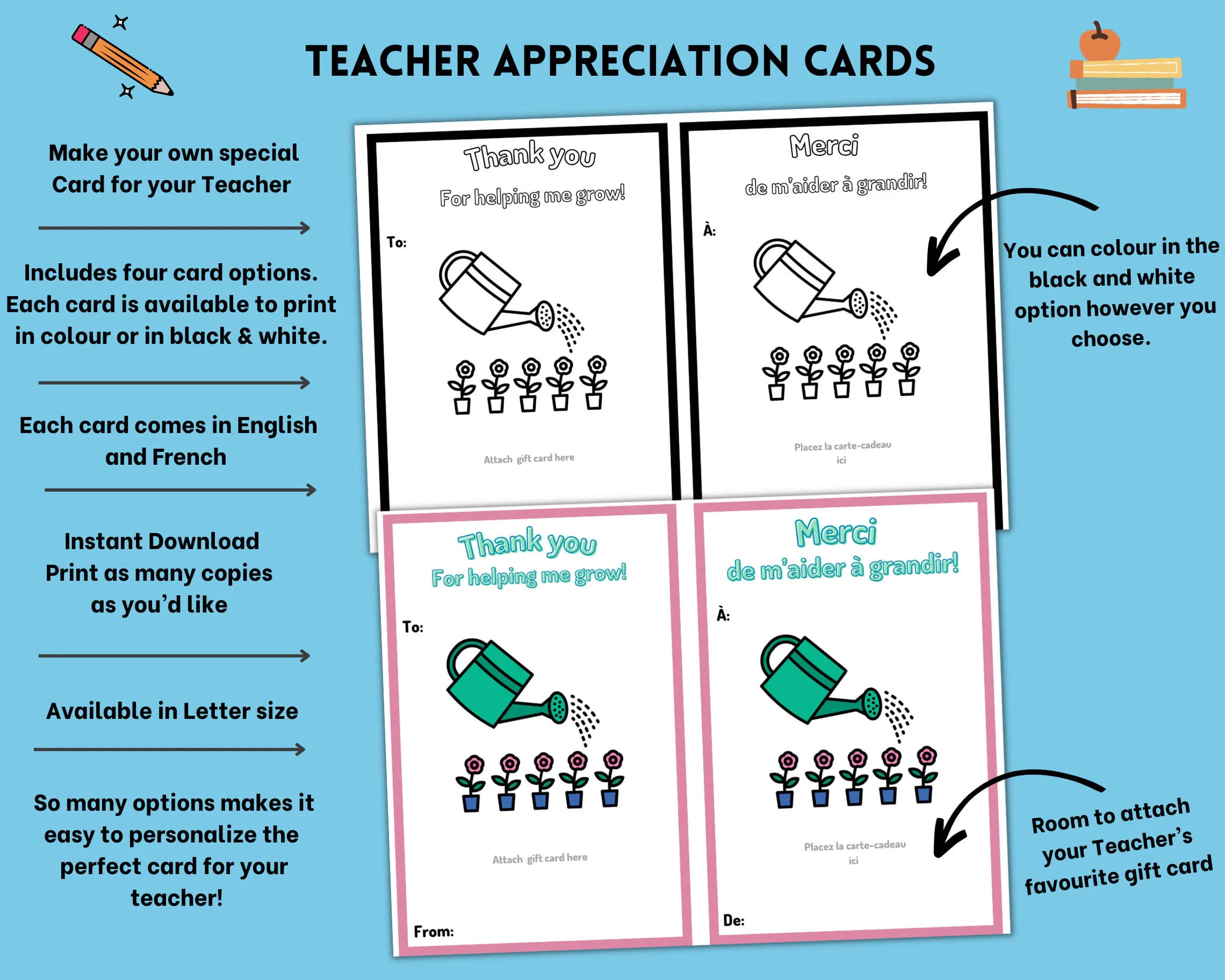 Thank you Teacher Card in English and French, Year End Teacher Gift, Teacher Appreciation Cards