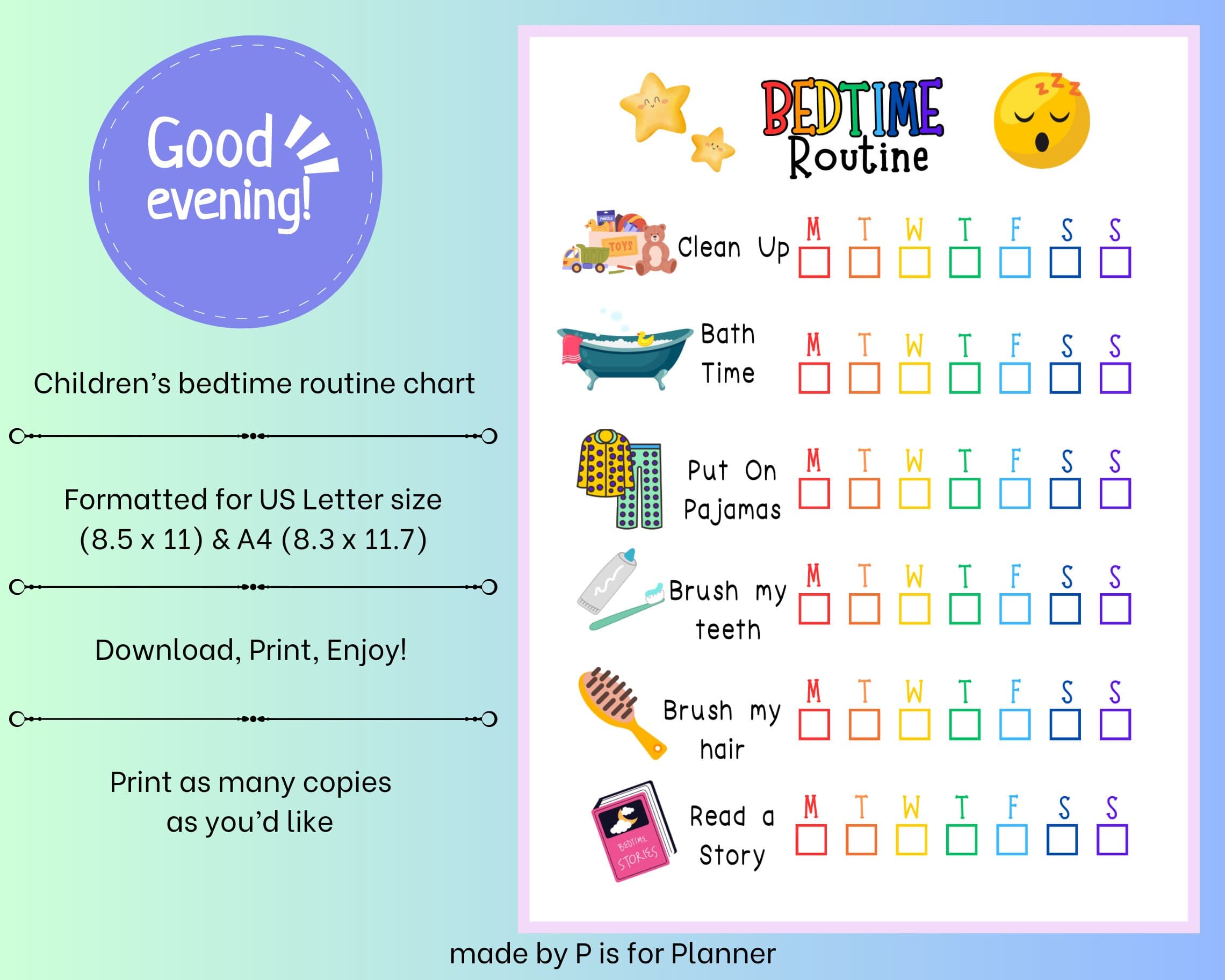 Kids Morning/Bedtime Checklist Printable, Kids Routine Chart, Checklist Template - image 3
