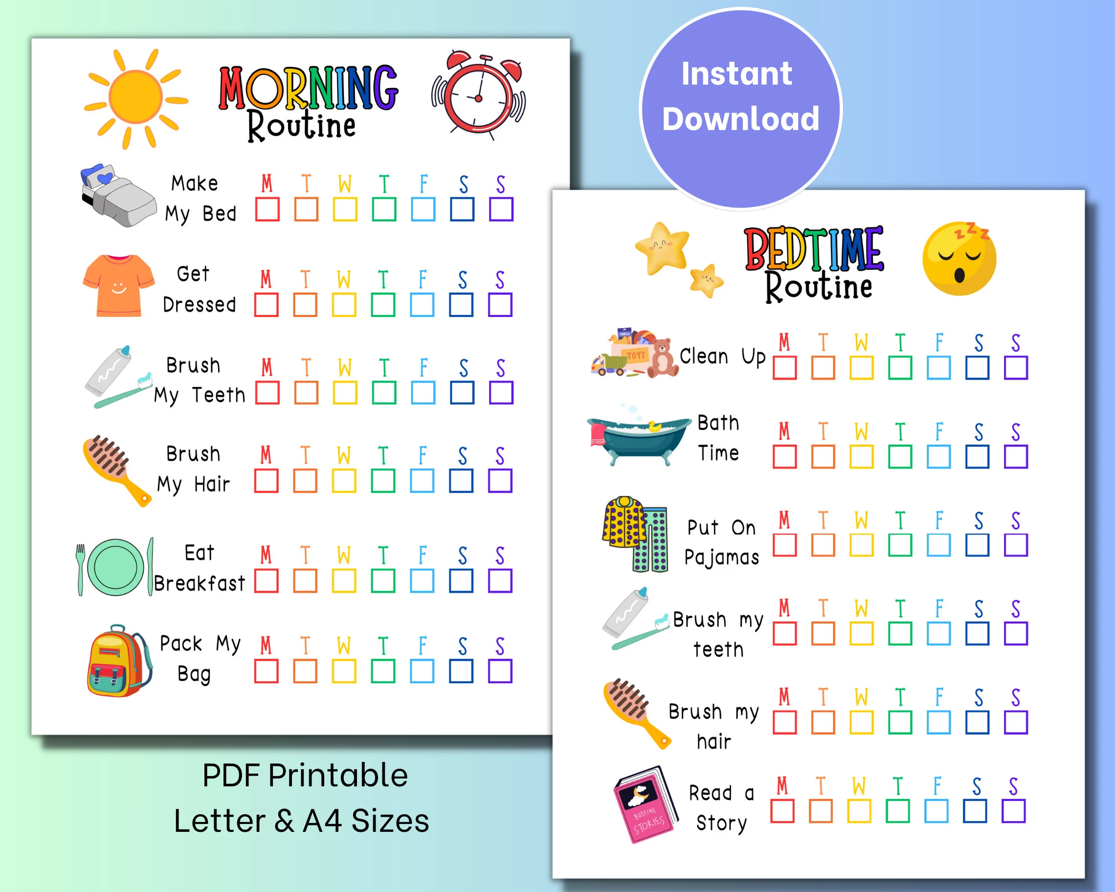 Kids Morning/Bedtime Checklist Printable, Kids Routine Chart, Checklist Template