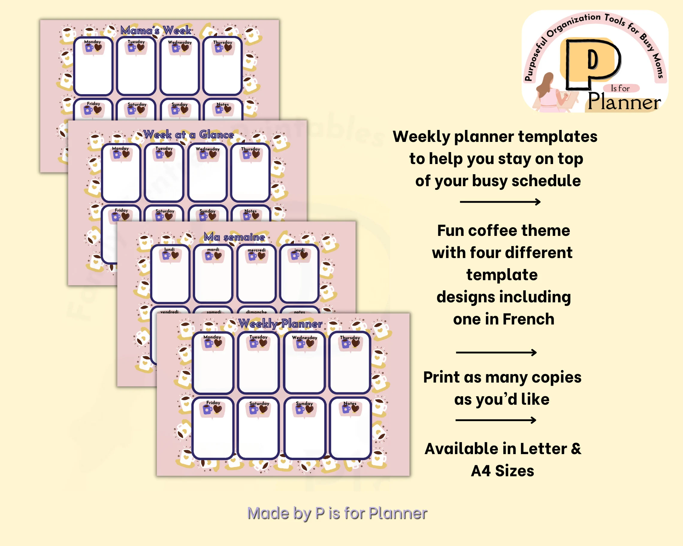 Weekly Planner Printable, Weekly Organizer, Weekly Priorities, Coffee Themed Planner, Letter & A4 sizes - image 3