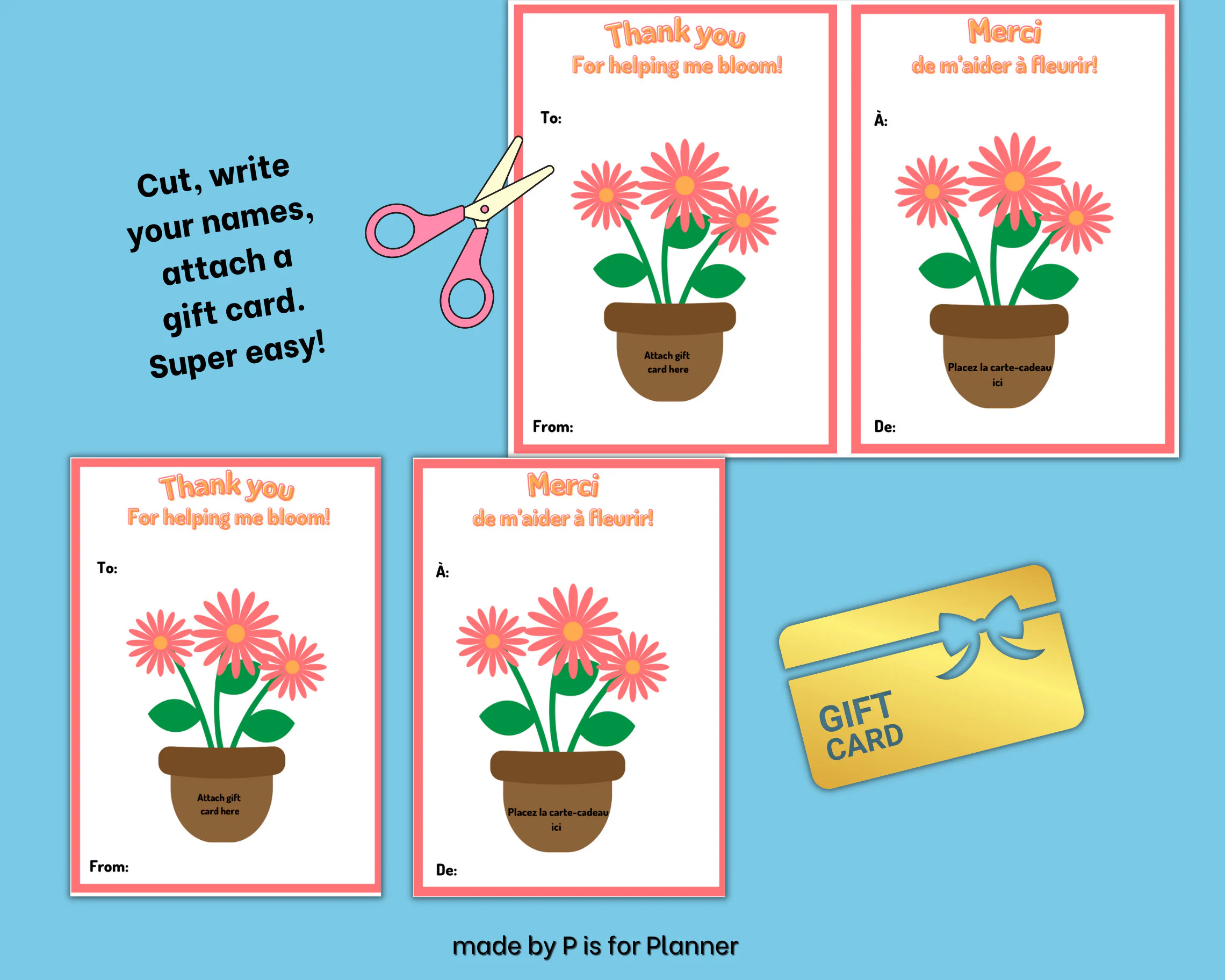 Thank you Teacher Card in English and French, Year End Teacher Gift, Teacher Appreciation Cards - image 3