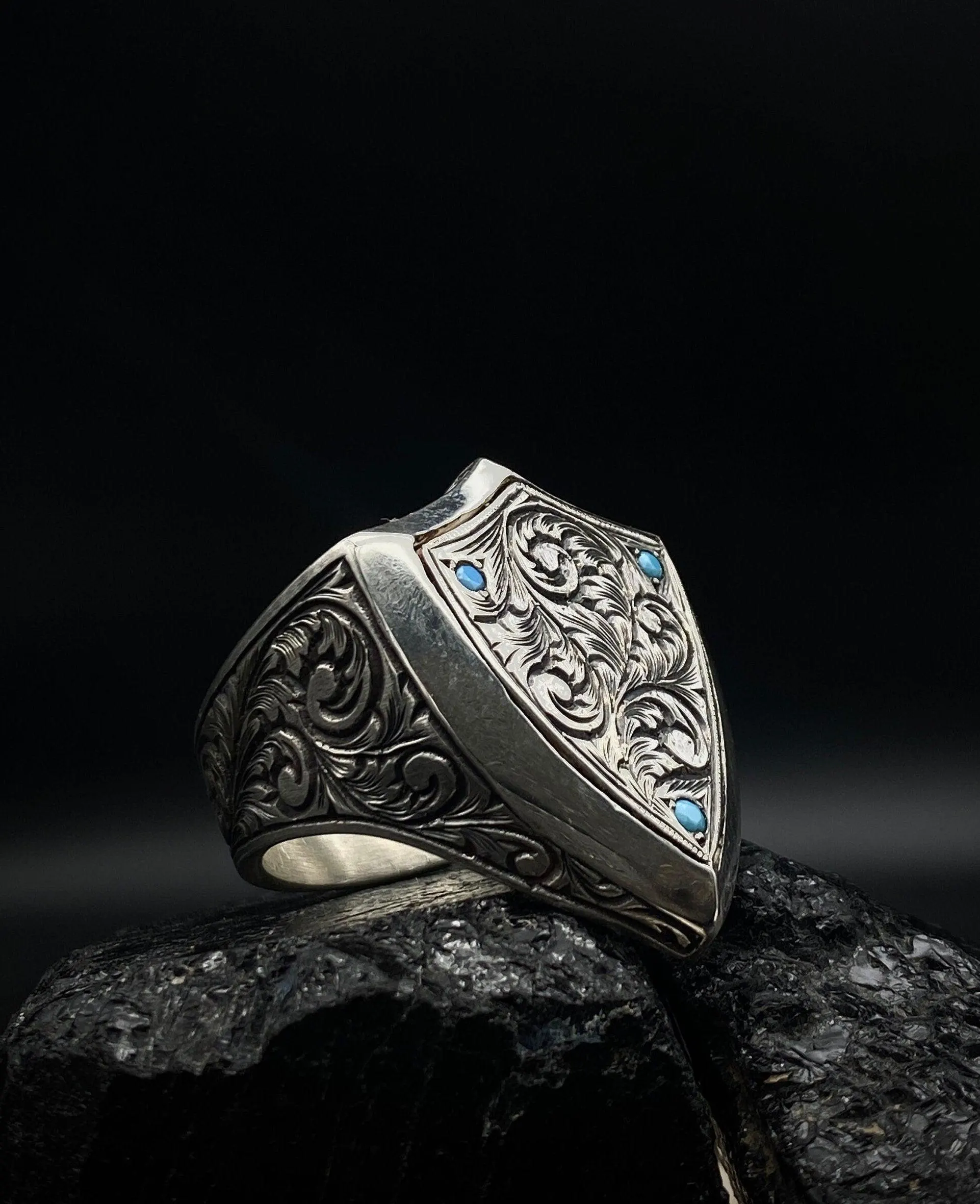 Hand Engraved Turquoise Sterling Silver Ring: Customized Biker Ring - image 2