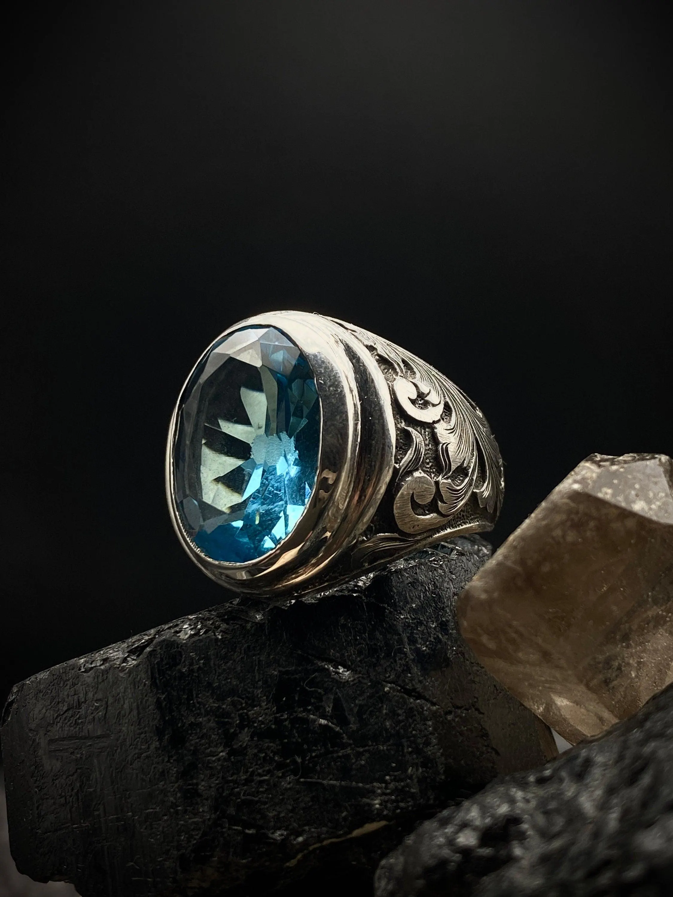 Blue Topaz Ring: Engraved Sterling Silver Statement Ring for Men - image 4