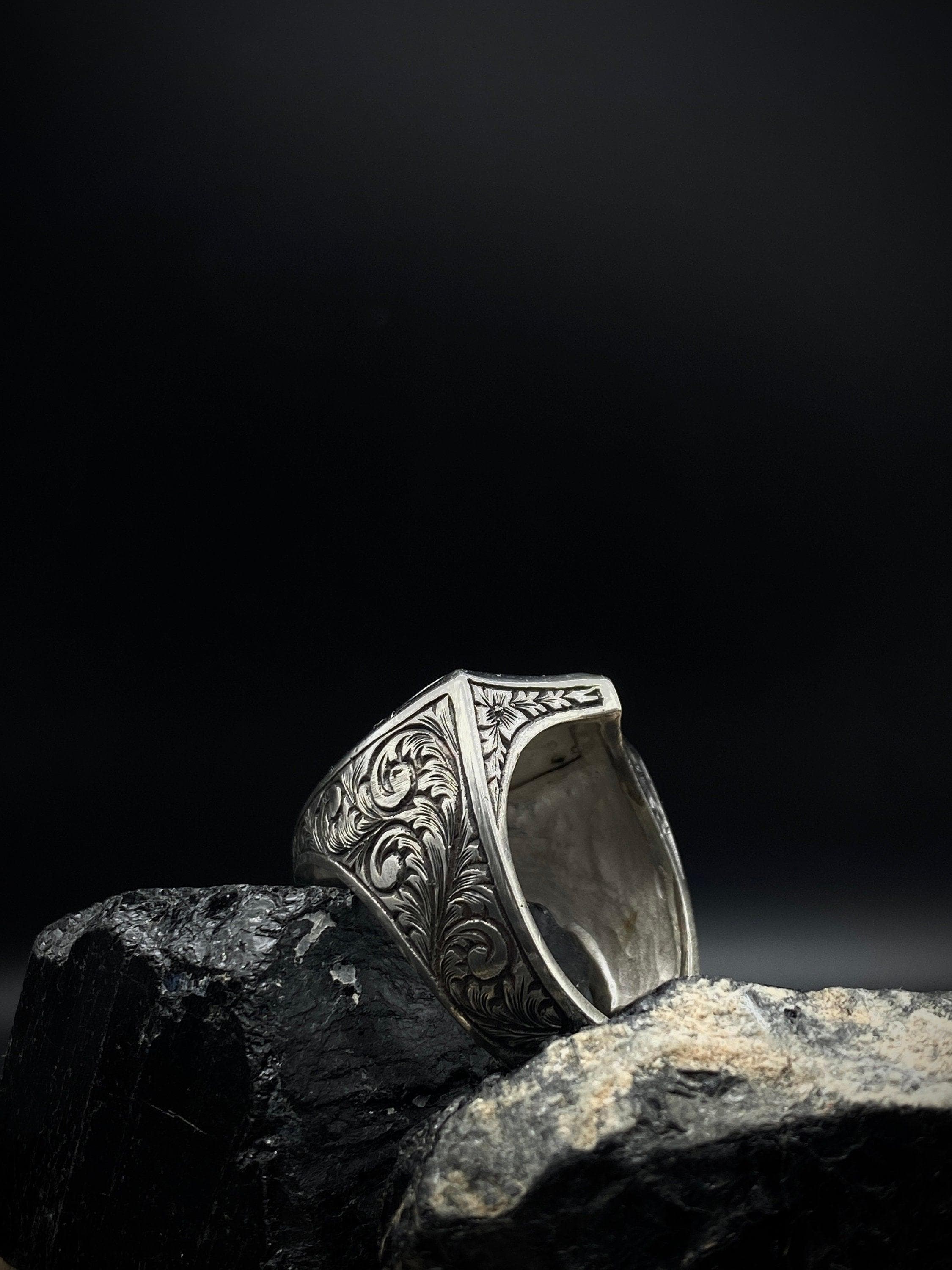 Hand Engraved Turquoise Sterling Silver Ring: Customized Biker Ring - image 3