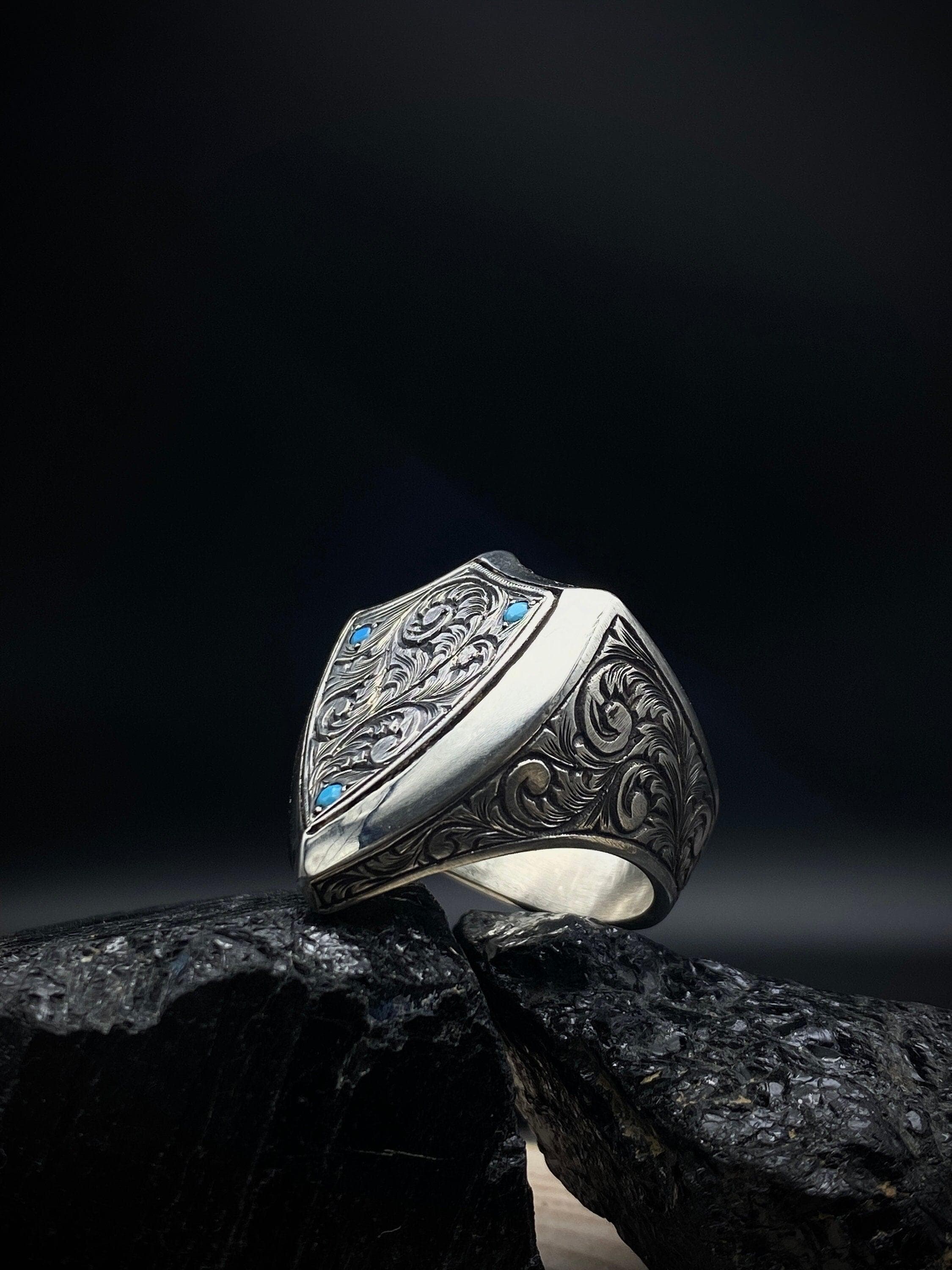 Hand Engraved Turquoise Sterling Silver Ring: Customized Biker Ring
