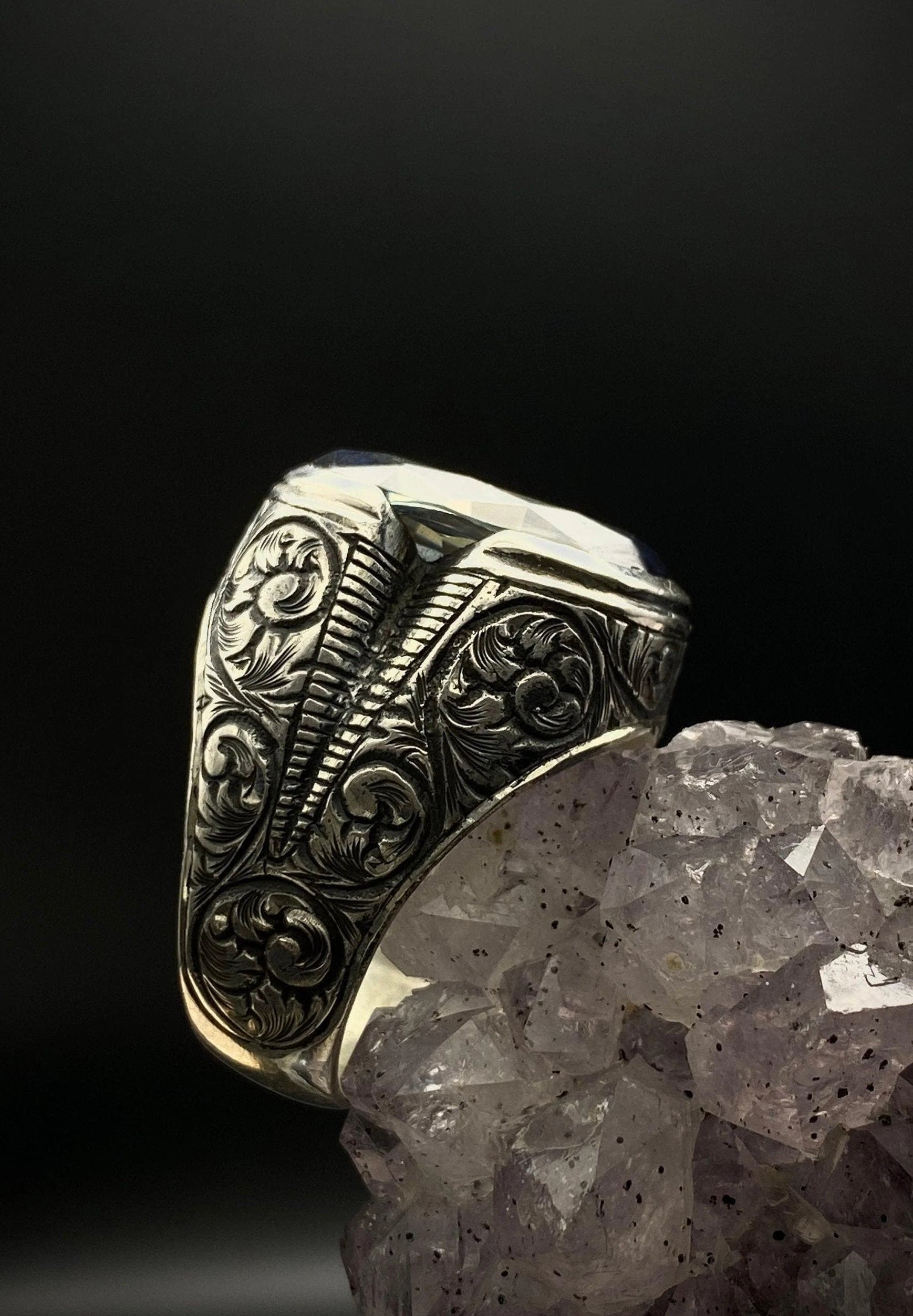 Mystic Topaz Sterling Silver Ring: Hand-Engraved Ottoman Boho Ring - image 5