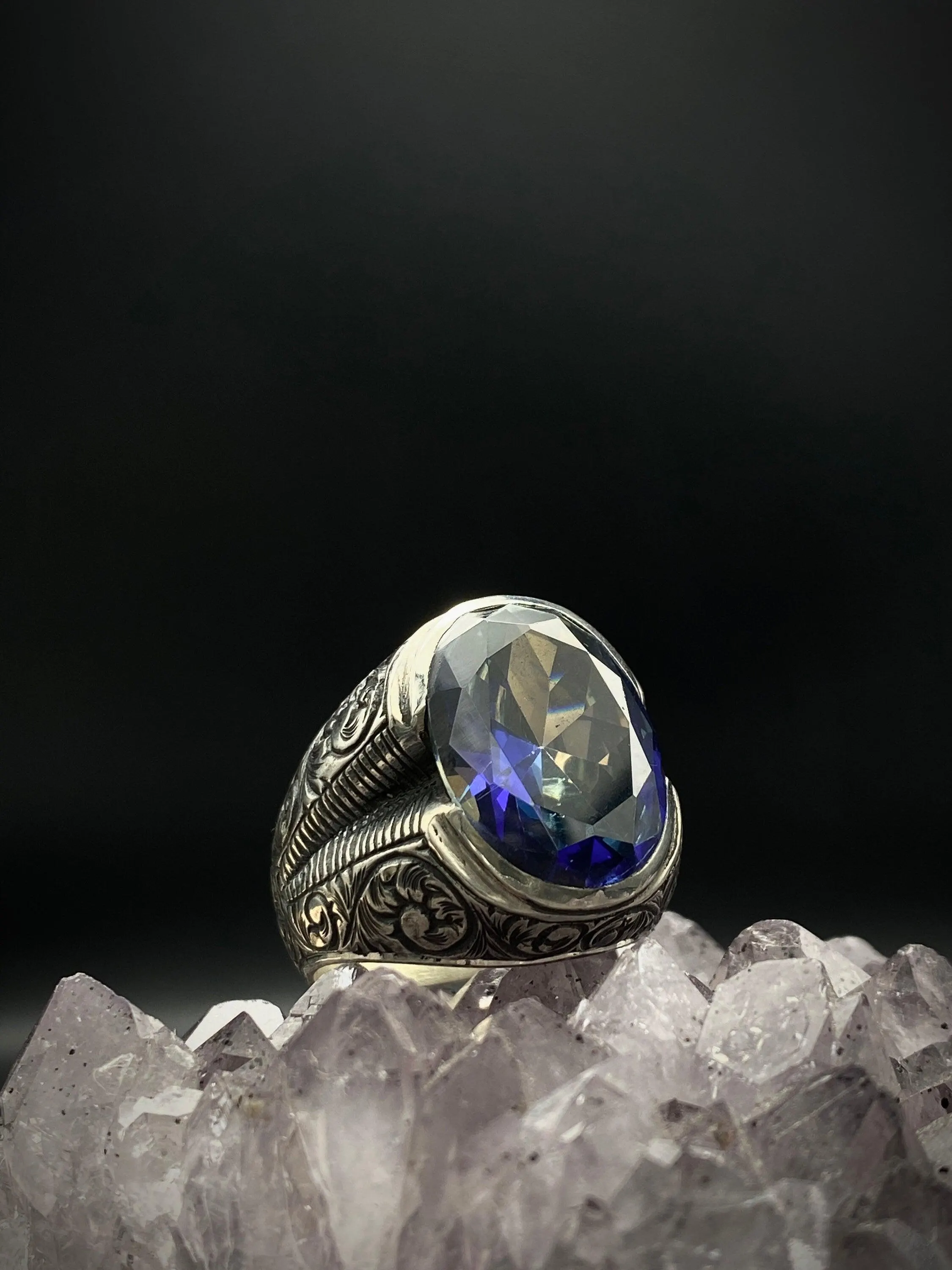 Mystic Topaz Sterling Silver Ring: Hand-Engraved Ottoman Boho Ring - image 2