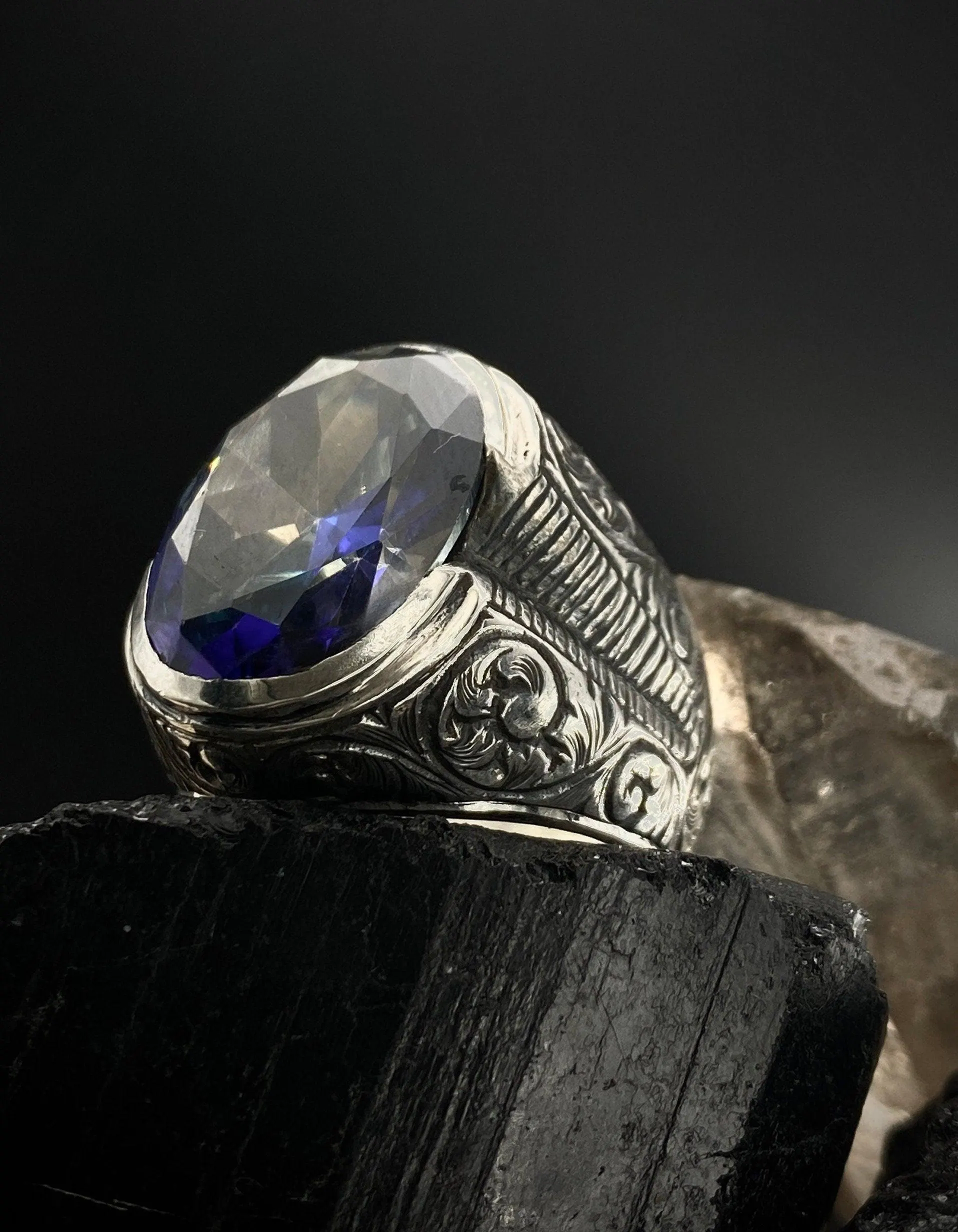 Mystic Topaz Sterling Silver Ring: Hand-Engraved Ottoman Boho Ring