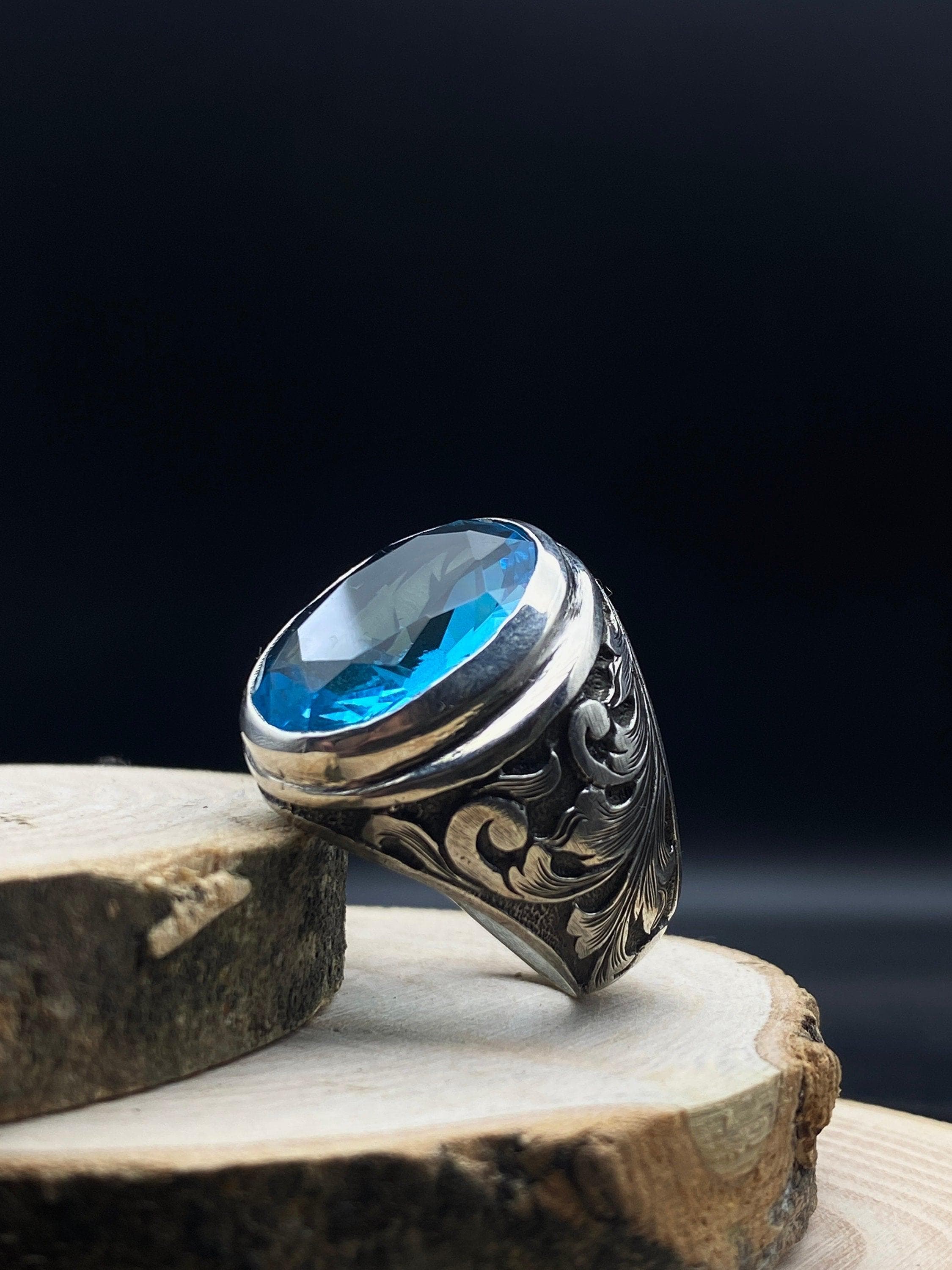 Blue Topaz Ring: Engraved Sterling Silver Statement Ring for Men - image 5
