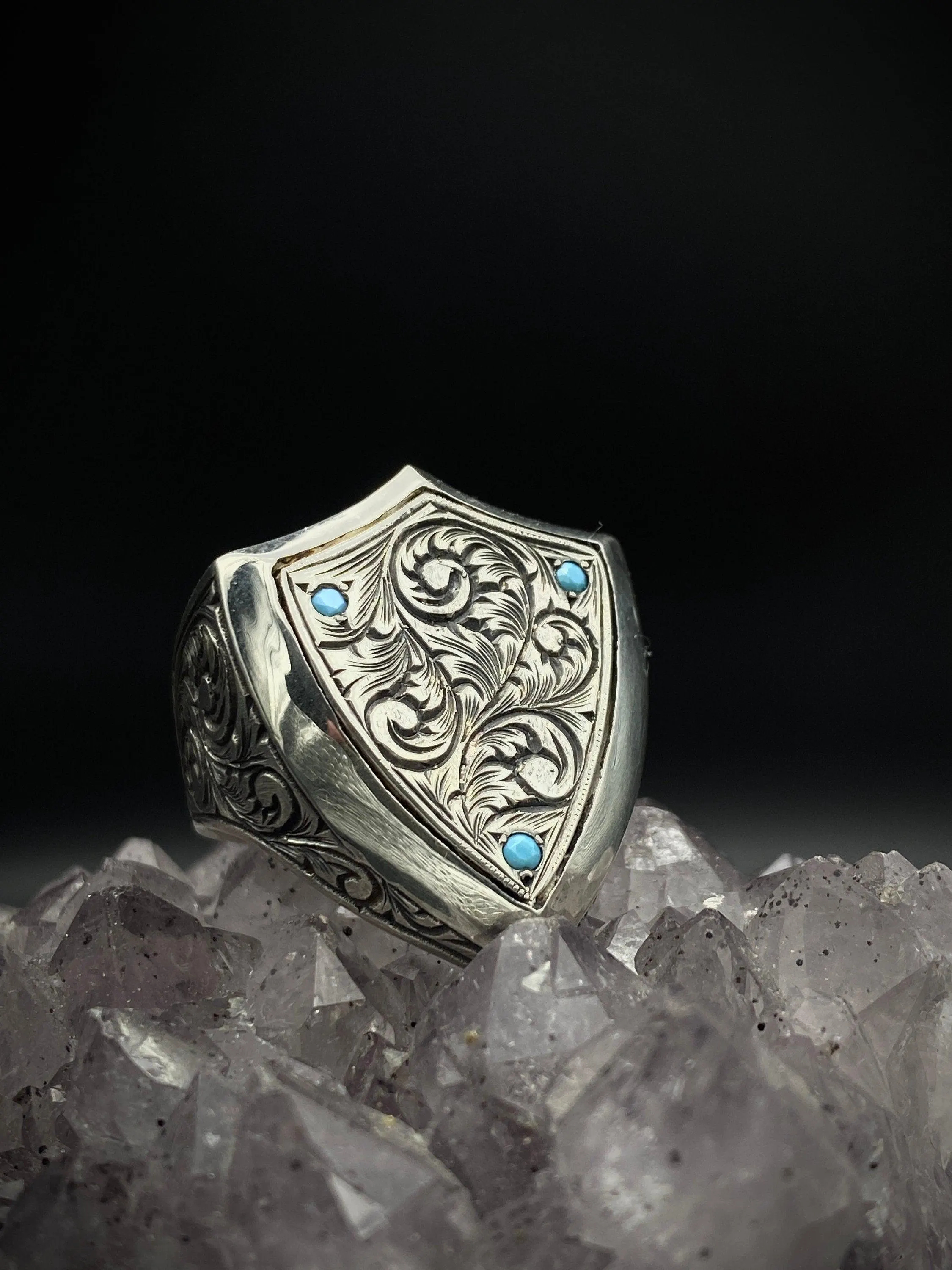 Hand Engraved Turquoise Sterling Silver Ring: Customized Biker Ring - image 4