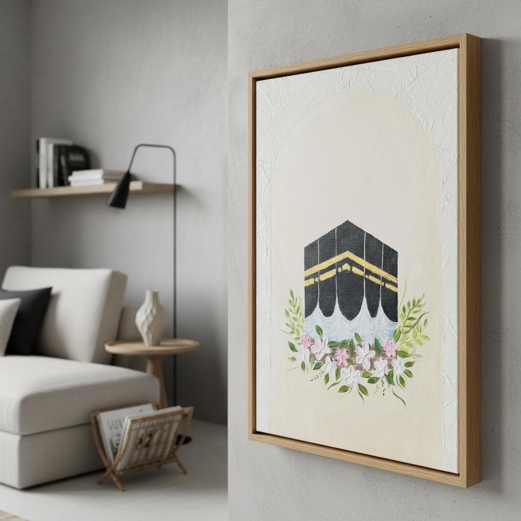 Kaaba Floral Art Print | Islamic Textured Painting, Black White Pink - image 3