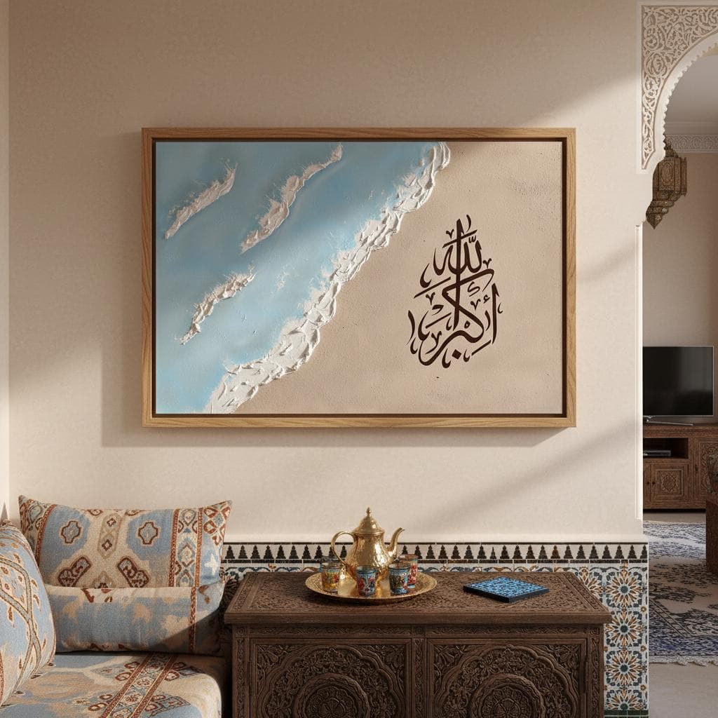 Allahuakbar Abstract Art | Blue Wave Beach Print | Coastal Islamic Wall Decor