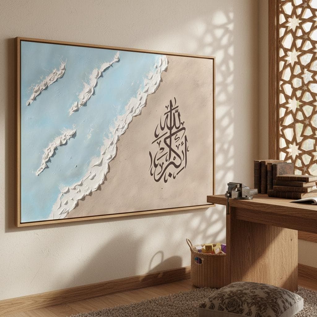 Allahuakbar Abstract Art | Blue Wave Beach Print | Coastal Islamic Wall Decor - image 3