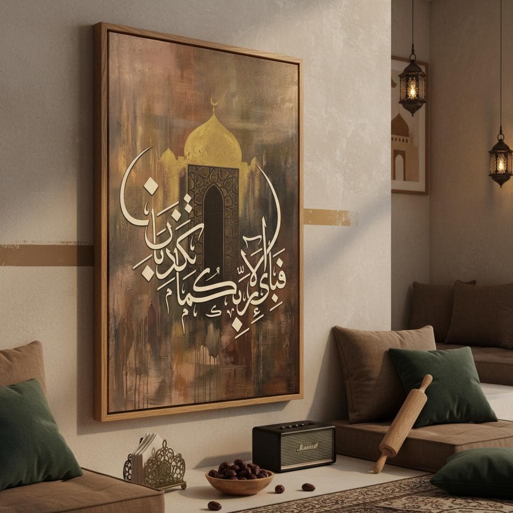 Surah Rahman Islamic Calligraphy Art Print | Golden Mosque Abstract Wall Decor (Canvas Print) - image 4
