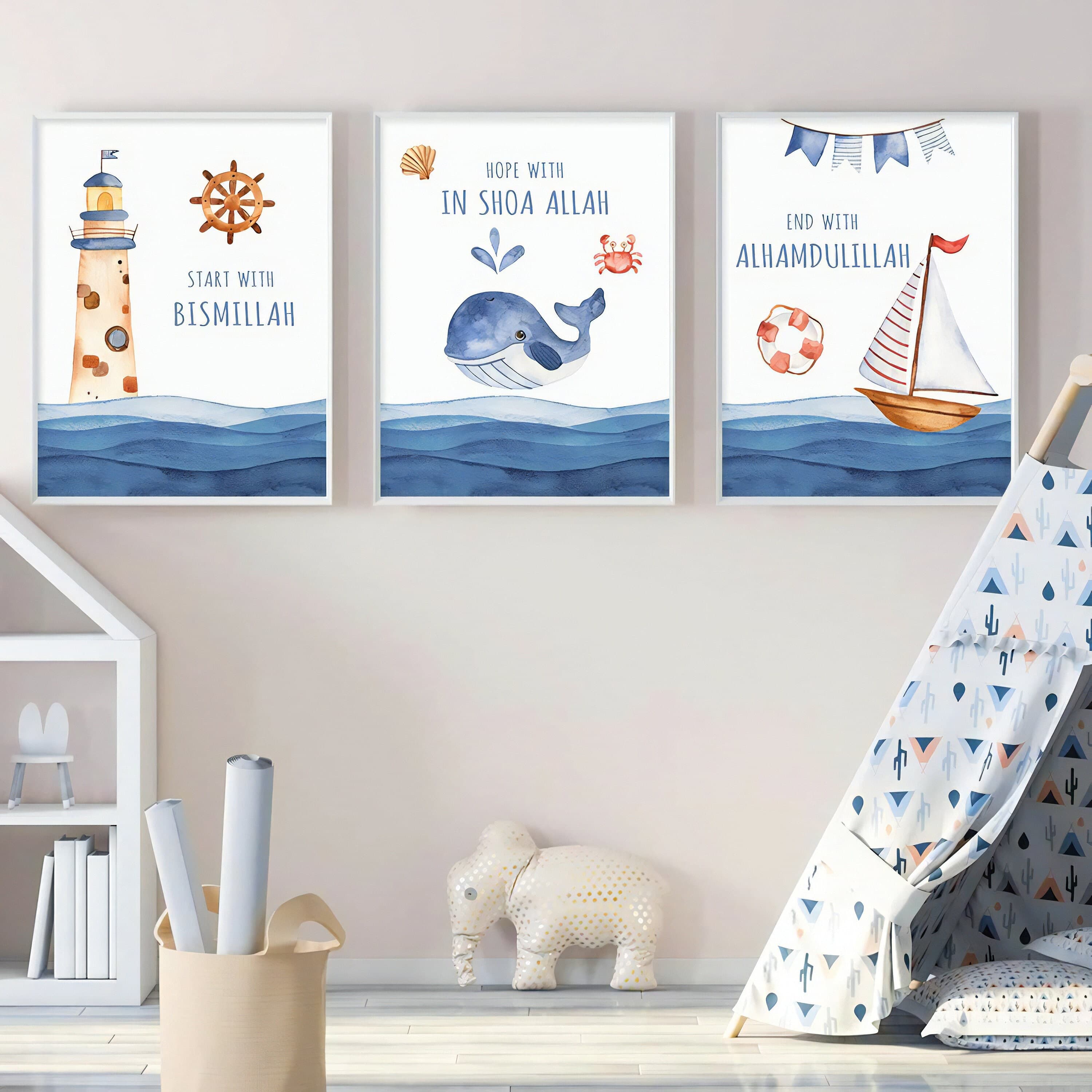Islamic Nursery Art Prints (Set of 3) | Bismillah, Whale, Ocean Theme (Digital Download) - image 3