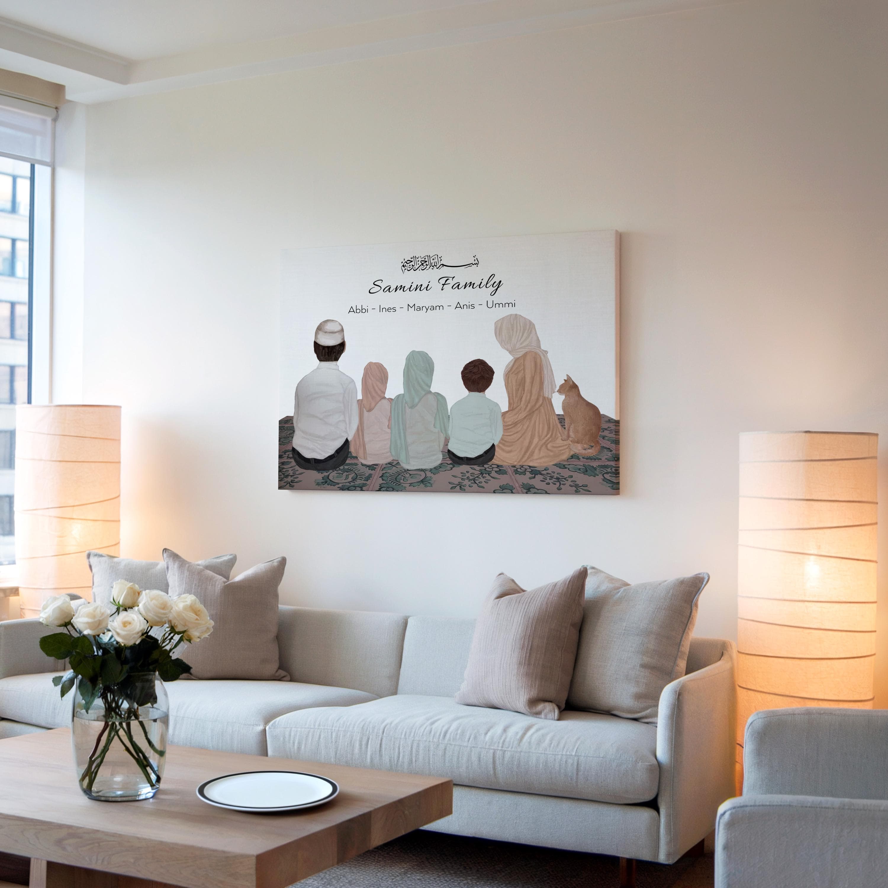 Personalized Islamic wall art featuring a custom Muslim family illustration.
