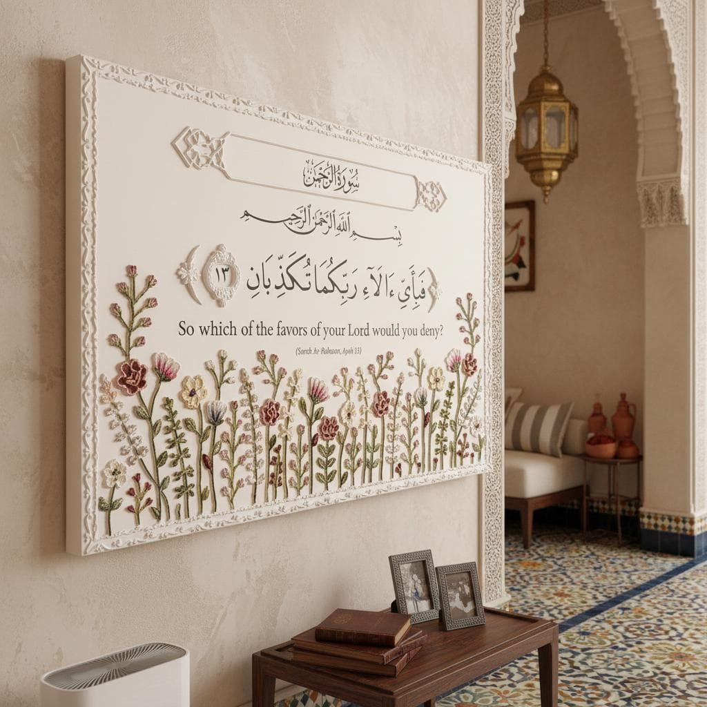 Surah Rahman Ayah 13 Islamic Art Print | Embroidered Floral Arabic Calligraphy, Pastel Home Decor - image 5