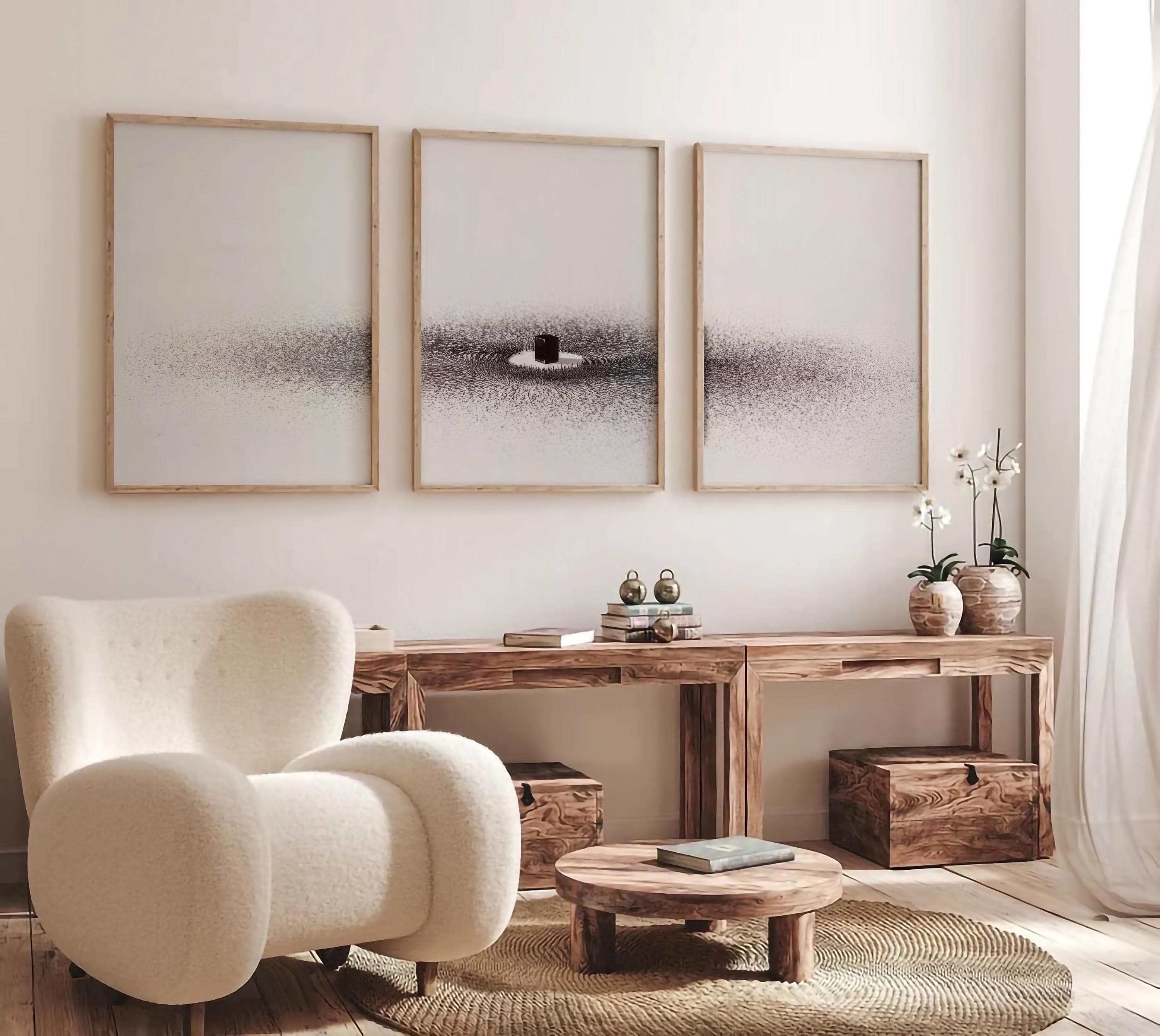 Modern Muslim home decor with abstract Kaaba art in soft neutral tones.