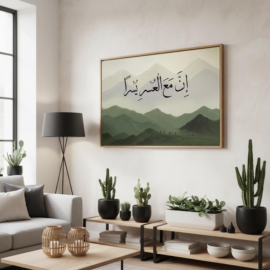 Islamic Calligraphy Art | Inna Ma'al Yusra, Misty Mountain Landscape - image 5