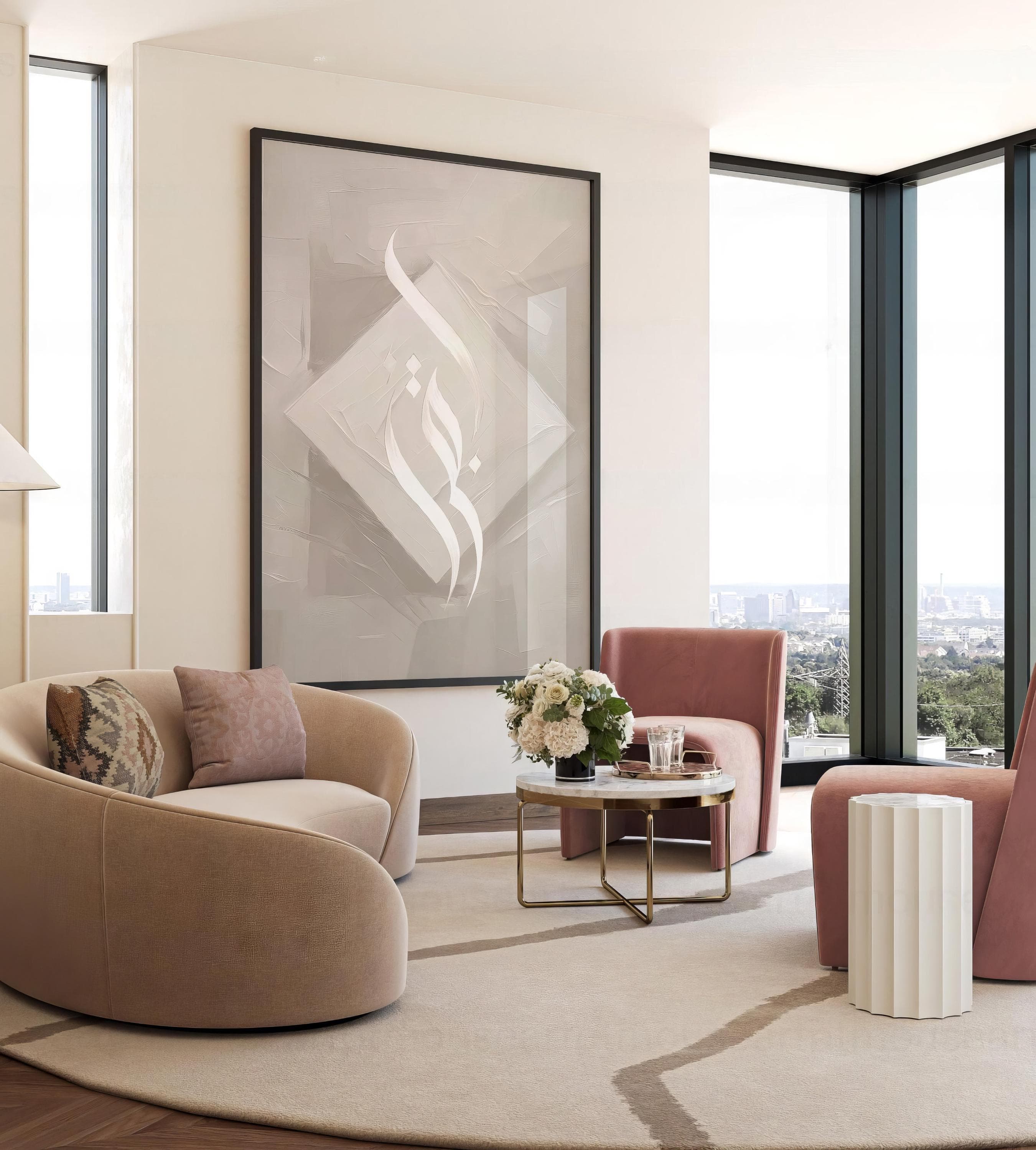 Abstract Islamic painting with Arabic calligraphy in neutral beige tones.