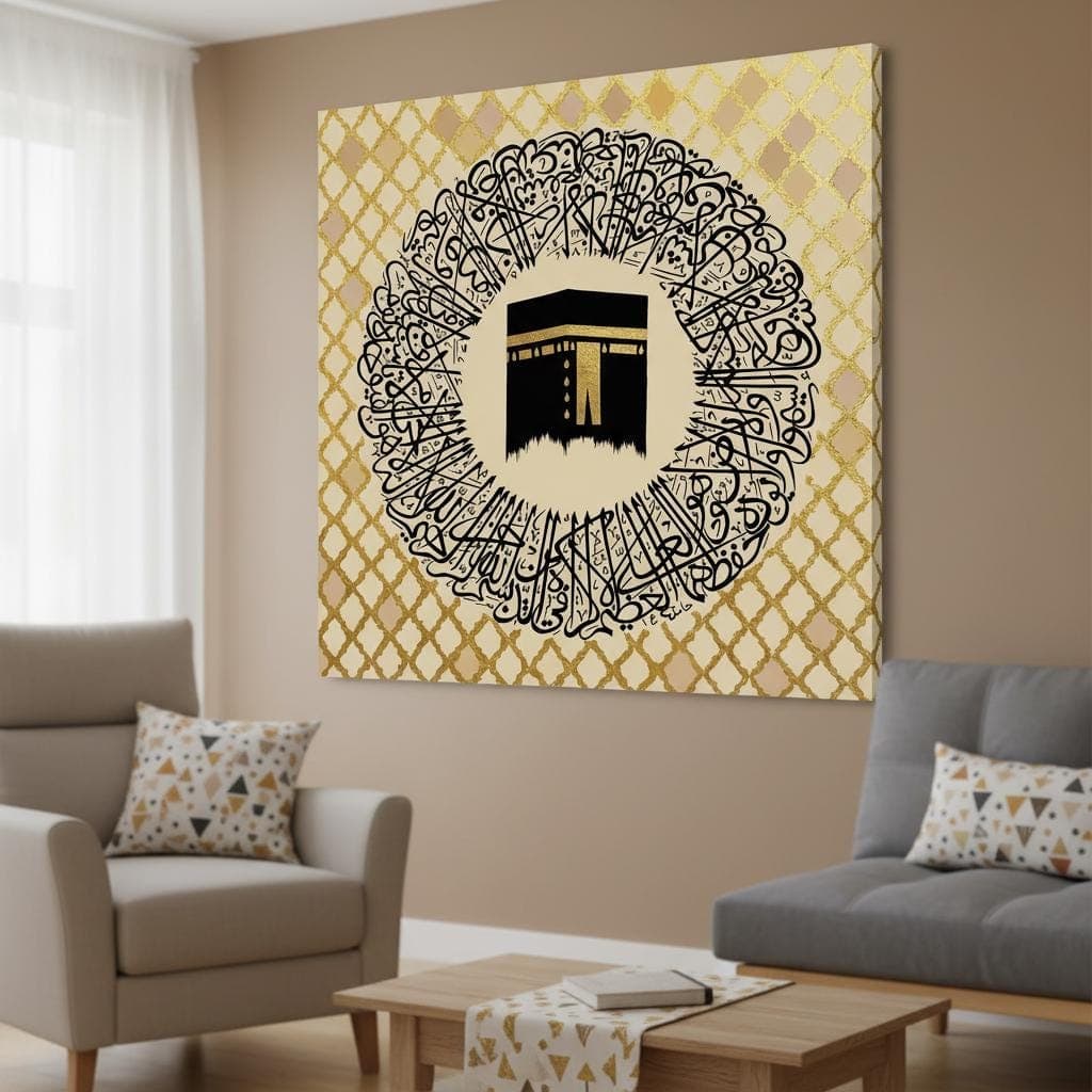 Ayatul Kursi Islamic Art | Kaaba, Black & Gold Textured Print - image 2