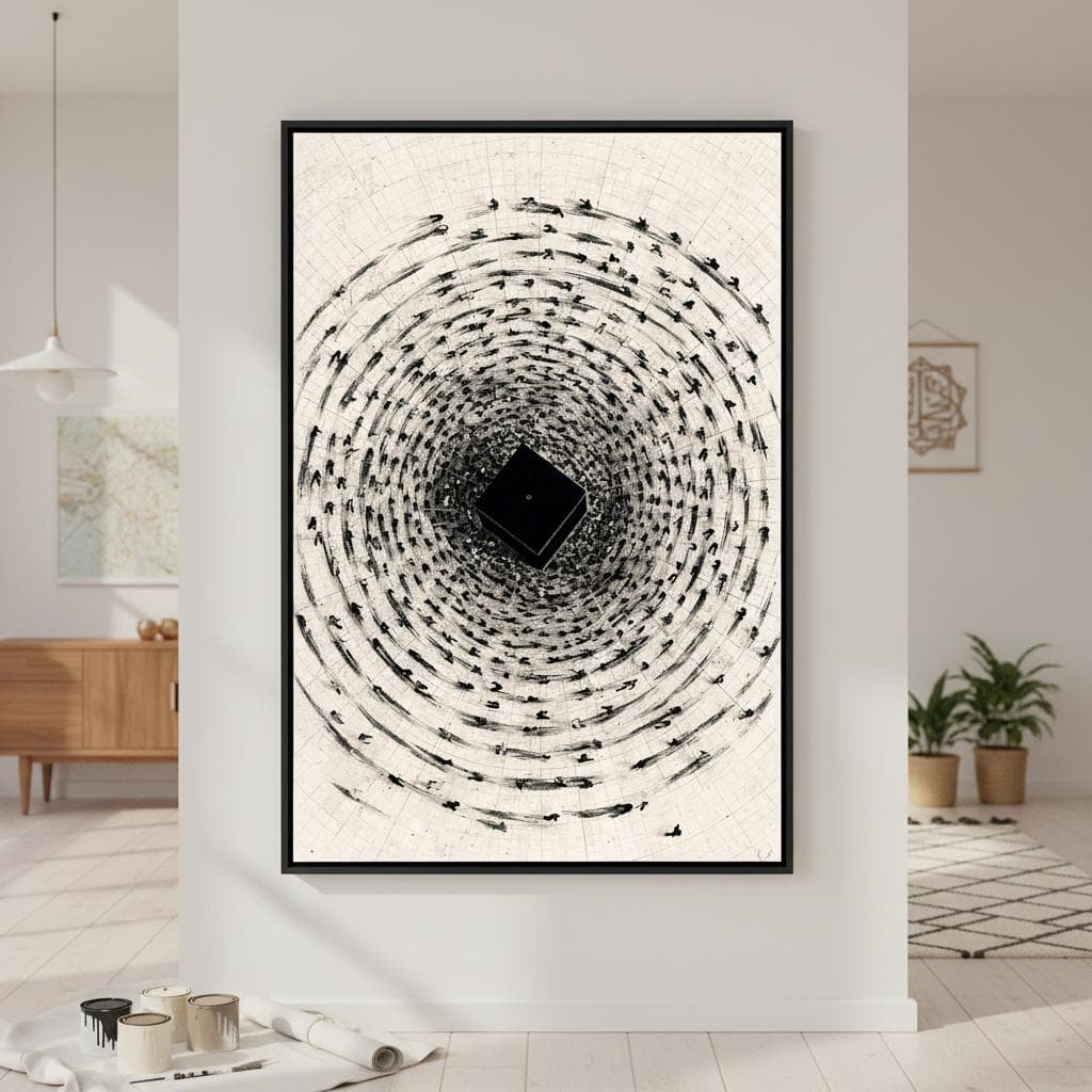Kaaba Tawaaf Art Print | Minimalist Black and White Islamic Wall Decor