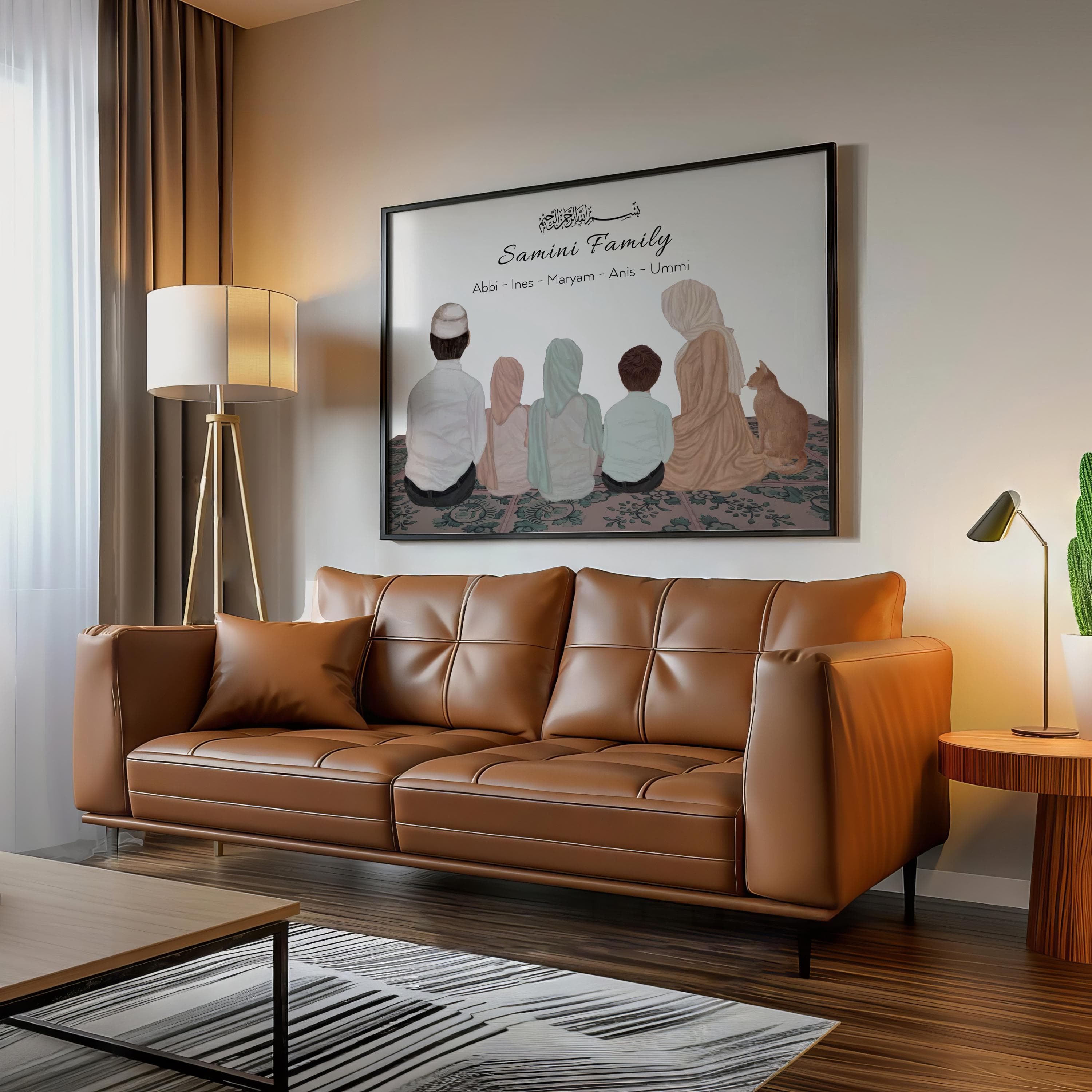 Custom family print in beige tones framed in a wooden frame.