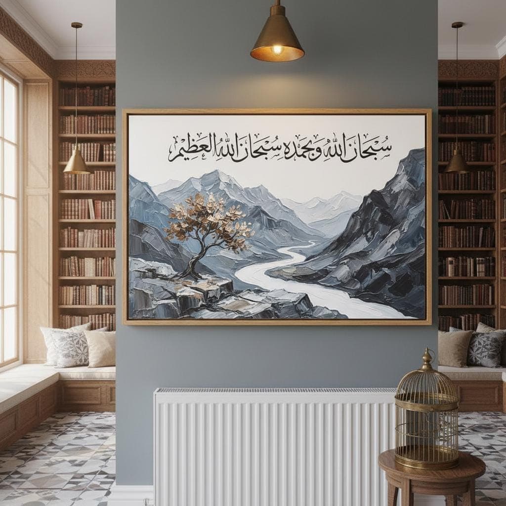Serene Mountain River Arabic Calligraphy Art | Textured Impasto Landscape Painting | Islamic Wall Decor | Cool Tones & Golden Tree Aura - image 4