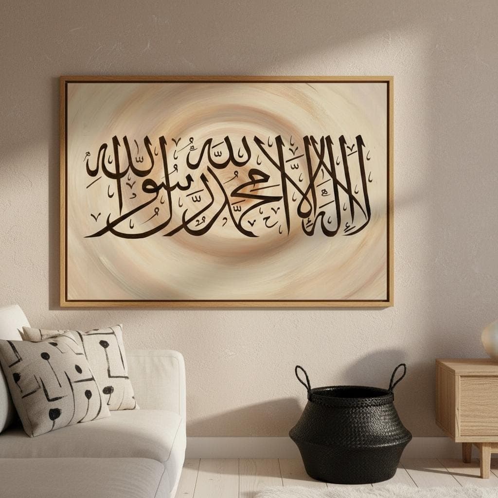 Islamic Calligraphy Art Print | Tawhid Shahada, Brown Cream Swirl